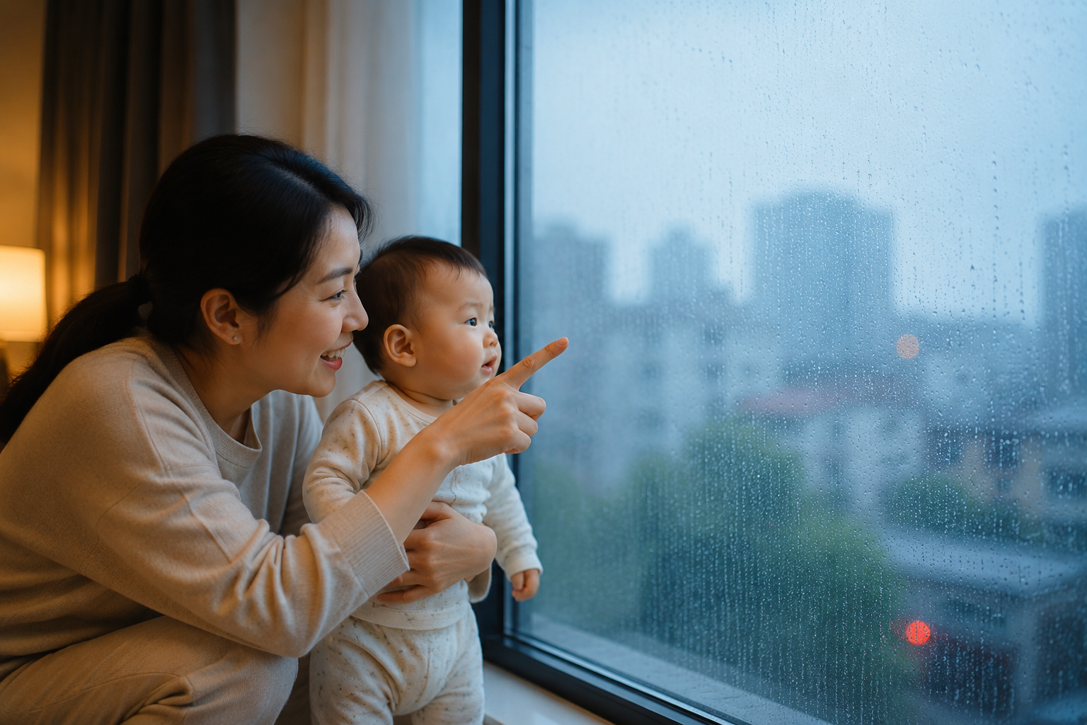 A cozy scene of a young Chinese mother holding a cute 8-month-old Chinese baby standing by a large floor-to-ceiling glass window, looking at the gentle rain outside. The mother is smiling and pointing at the rain, making a speaking gesture. Natural soft indoor lighting, blue and gray rainy day atmosphere outside, warm indoor color temperature, photorealistic, cinematic lighting, 8k resolution, shot on 35mm lens --ar 3:4