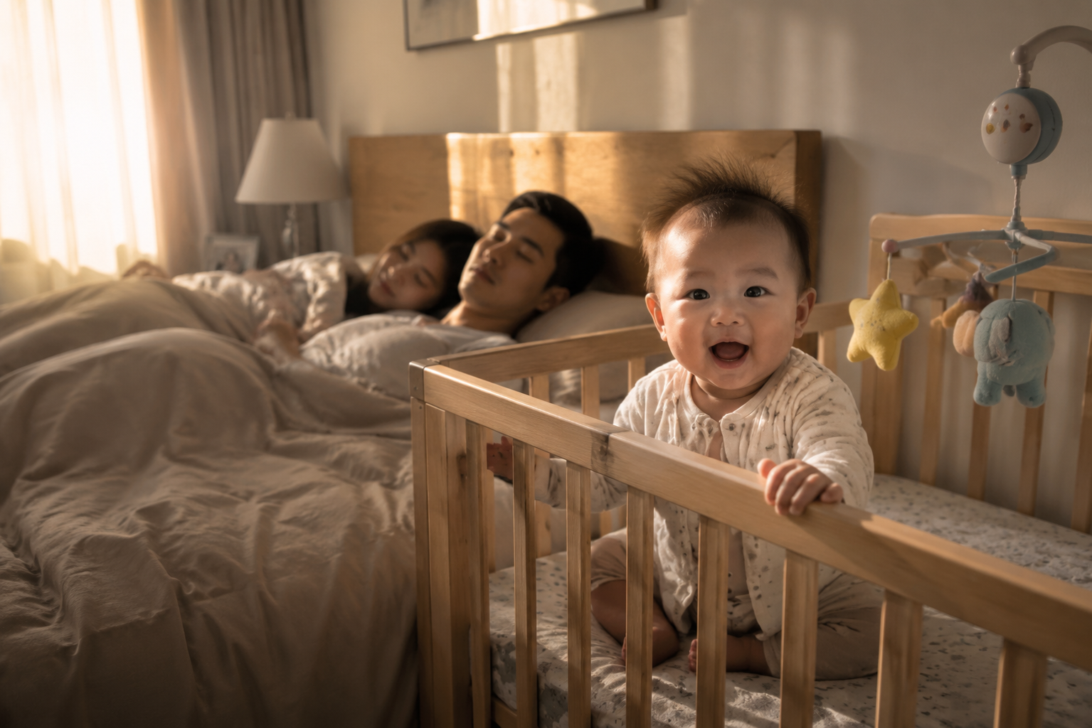 A cute Chinese baby (6-12 months old) sitting in a crib, looking wide awake and energetic, while the young Chinese parents in the background are exhausted and sleeping under the blanket. Early morning sunlight is peeking through the curtains. Soft morning lighting, highly detailed, photorealistic, cinematic lighting, 8k resolution, shot on 35mm lens.