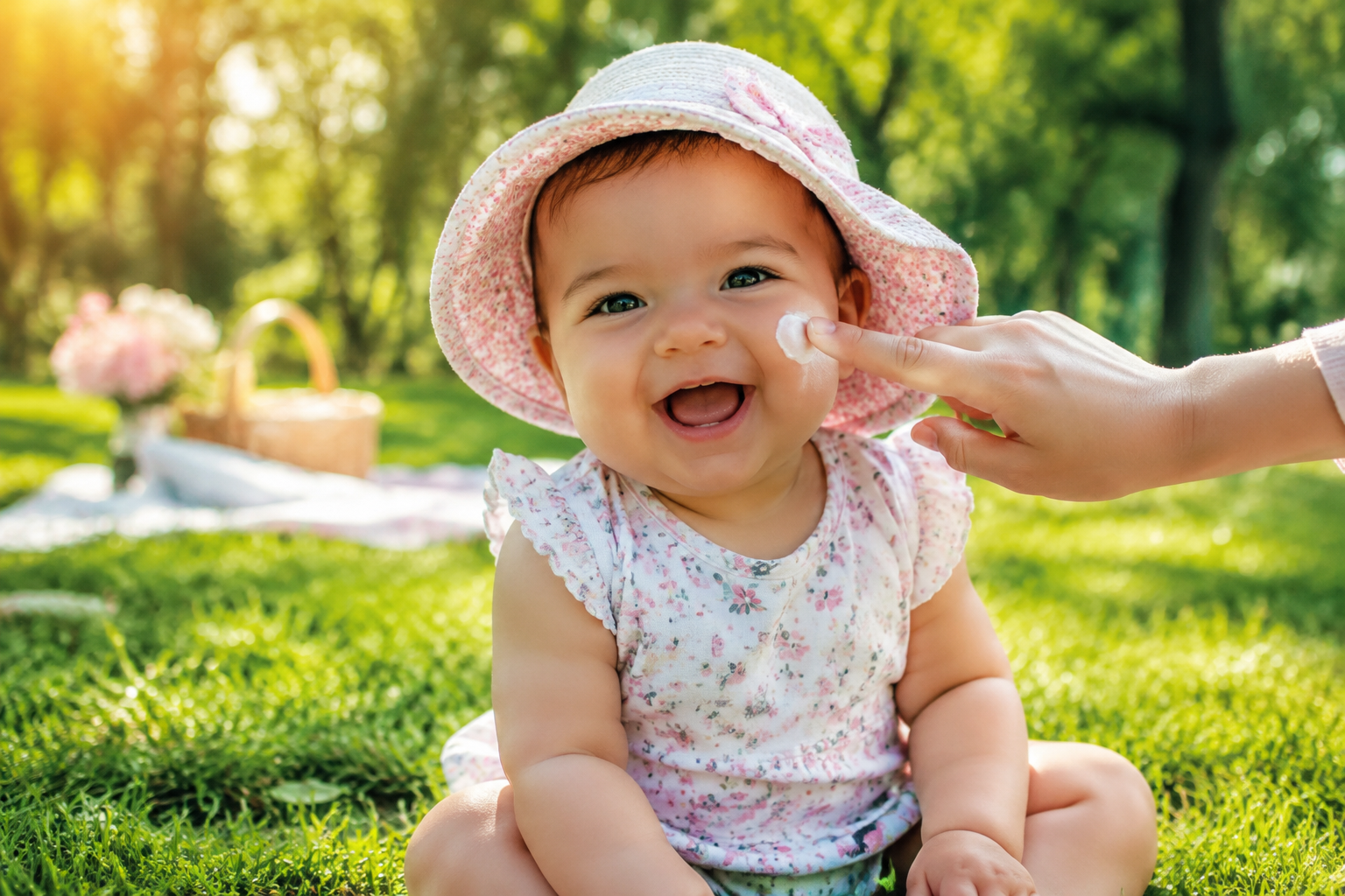 A joyful 9-month-old baby sitting on green grass in a sunny park, wearing a cute sun hat, mother's hand gently applying a small white dot of sunscreen on the baby's cheek, baby smiling broadly, soft glowing sunlight, vibrant colors, heartwarming atmosphere, ultra-detailed, 8k, cinematic lighting --ar 3:4 --v 6.0