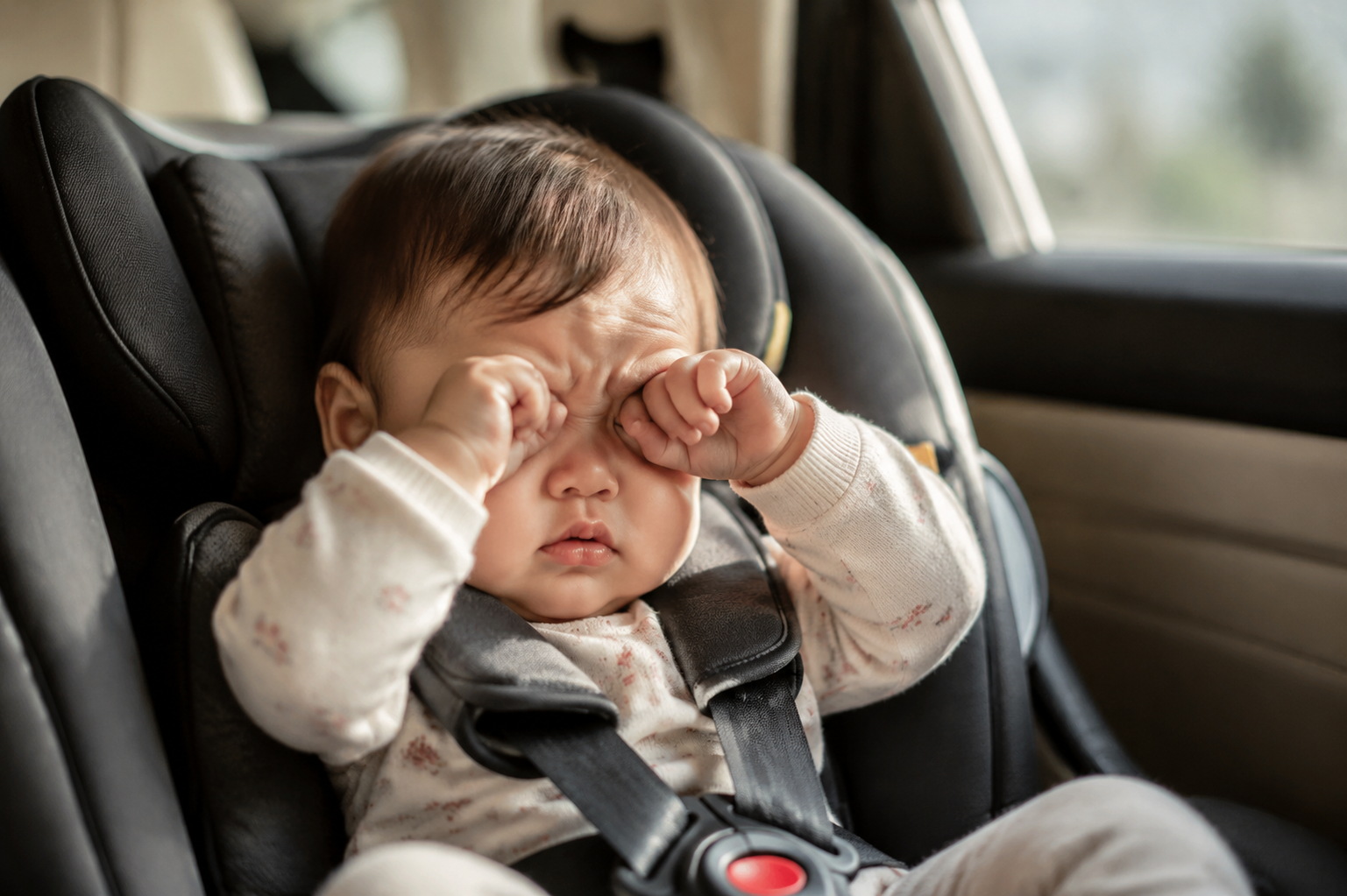 A photorealistic image of a cute Chinese baby (about 8 months old) sitting in a modern baby car seat inside a bright car. The baby looks slightly fussy and impatient, rubbing their eyes. Soft natural sunlight filtering through the car window. Cinematic lighting, highly detailed, shot on an 85mm lens, 4k resolution, warm tones, comforting and relatable parenting lifestyle photography. --ar 3:4 --v 6.0