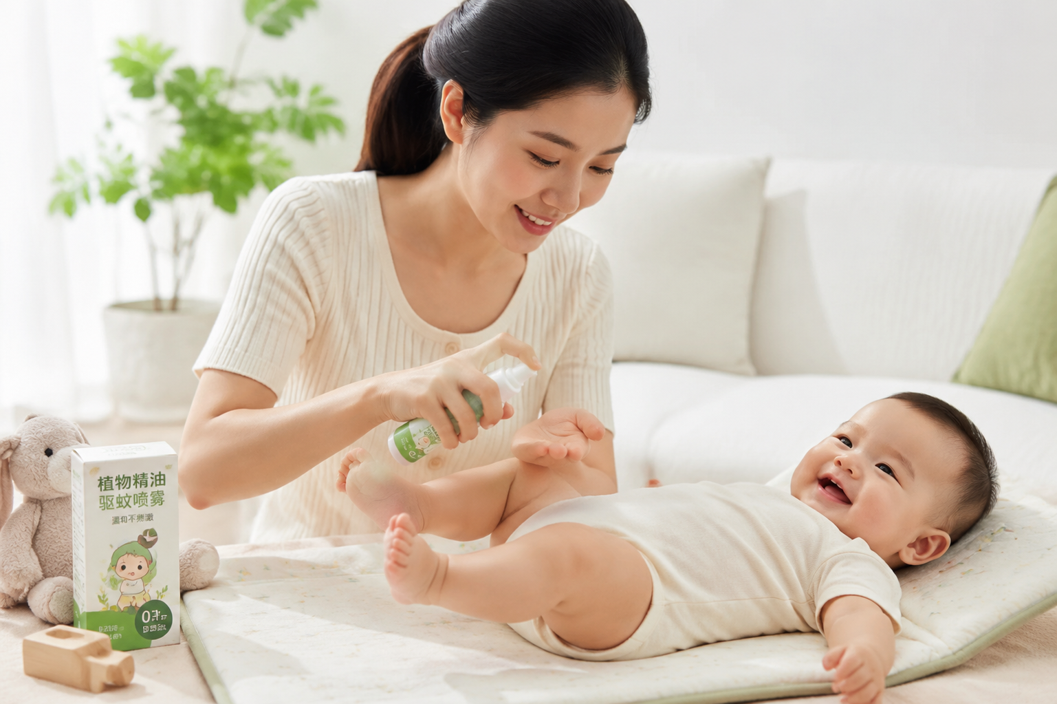 A young beautiful Chinese mother carefully applying mosquito repellent spray onto her hands to rub on her smiling 6-month-old baby's legs, bright and clean indoor lighting, warm and loving atmosphere, high quality, highly detailed, 4k.