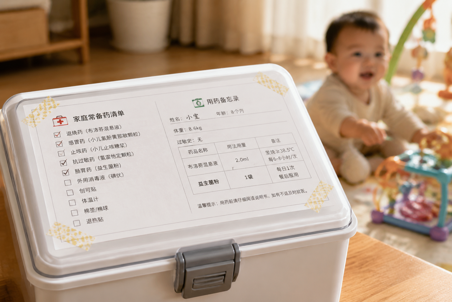 A close-up shot of a well-organized white household medicine box. On the lid of the box, there is a neatly printed checklist and dosage memo taped to it. In the blurred background, a cute 8-month-old Chinese baby is playing happily on a play mat. Soft natural sunlight filtering through a window, warm and reassuring atmosphere, highly detailed, 8k, photorealistic.