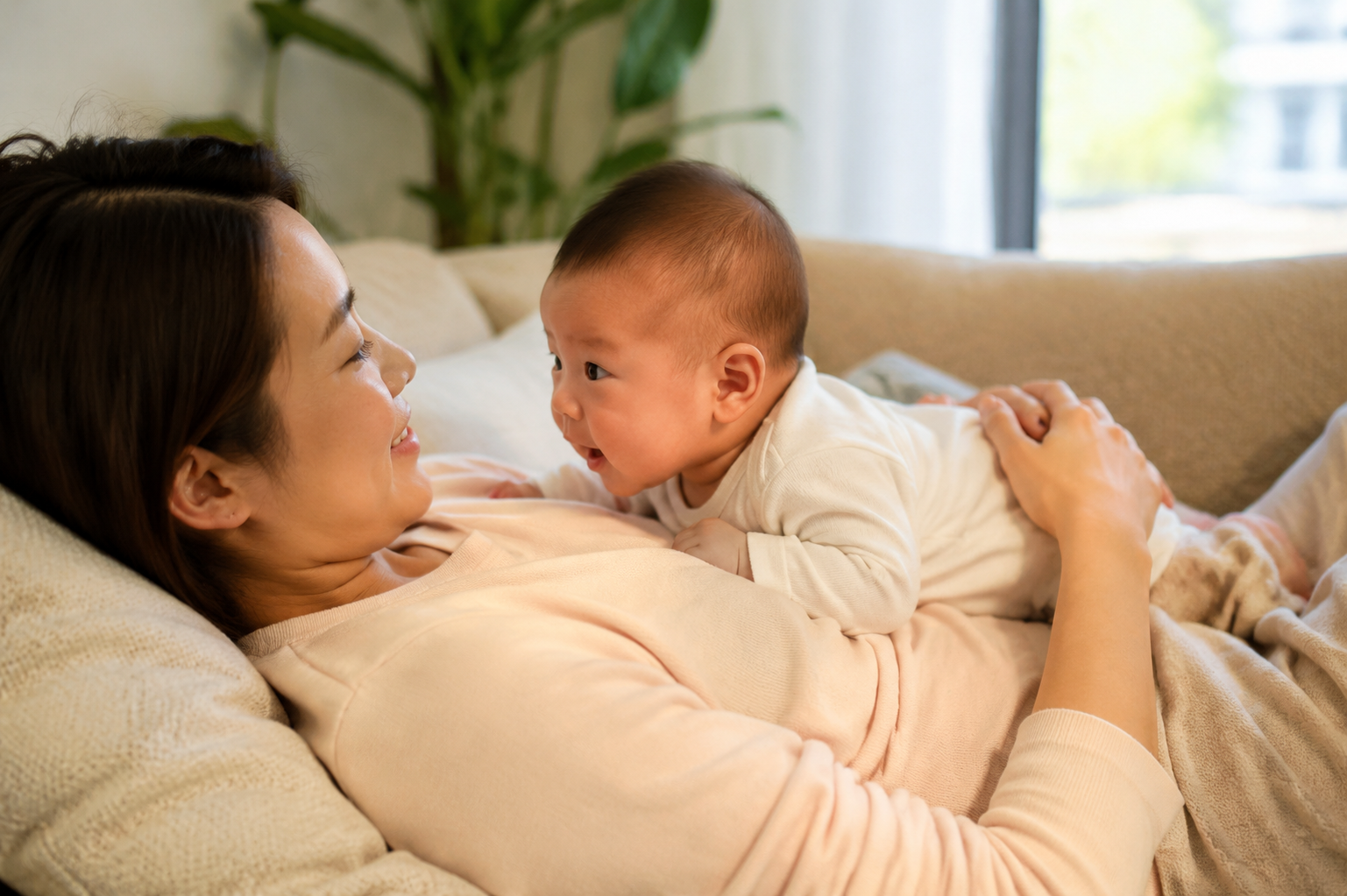 A young Chinese mother half-lying comfortably on a cozy living room sofa, a cute 2-month-old Chinese baby lying on her chest doing tummy time and looking up, happy and warm atmosphere, soft natural light from the window, photorealistic, hyper-detailed, warm color grading, 8k.