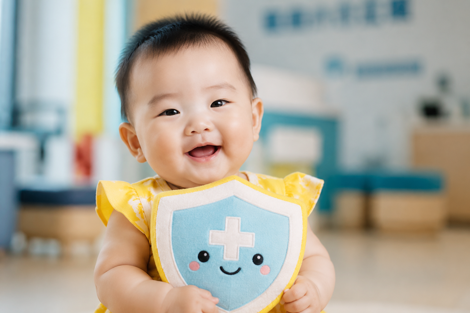 A close-up of a smiling 8-month-old Chinese baby holding a cute plush shield toy, wearing a bright yellow summer outfit, modern pediatric clinic background blurred out, soft natural lighting, photorealistic, high quality, 8k resolution, Midjourney style --ar 3:4