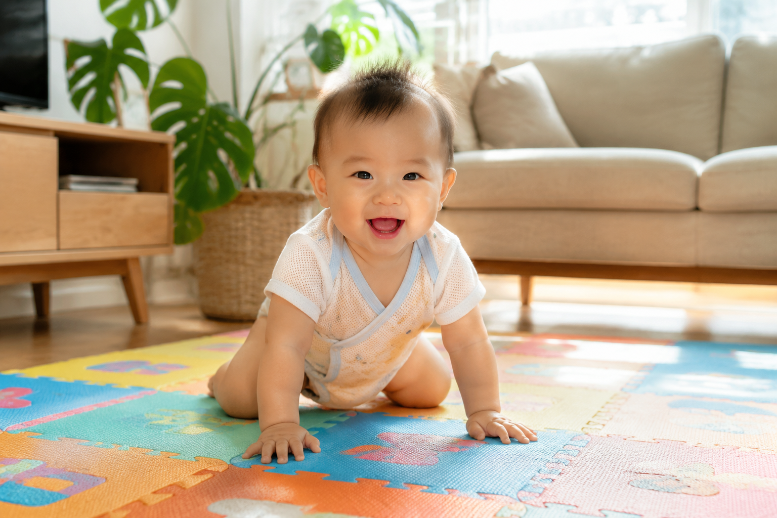 A cute 8-month-old Asian baby wearing a light, breathable summer onesie, happily sitting and attempting to crawl on a thick, colorful puzzle play mat in a bright, sunlit living room. Warm and soft natural lighting, photorealistic, 8k resolution, shot on 35mm lens, joyful and energetic atmosphere. --ar 3:4 --v 6.0