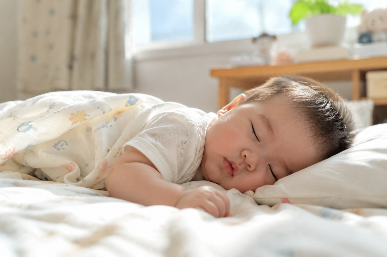 A cute 6-month-old Chinese baby sleeping soundly on a cozy bed in summer, light-colored cotton pajamas, soft natural sunlight streaming through the window, peaceful expression, soft and warm lighting, photorealistic, 8k resolution, highly detailed, cozy home environment.
