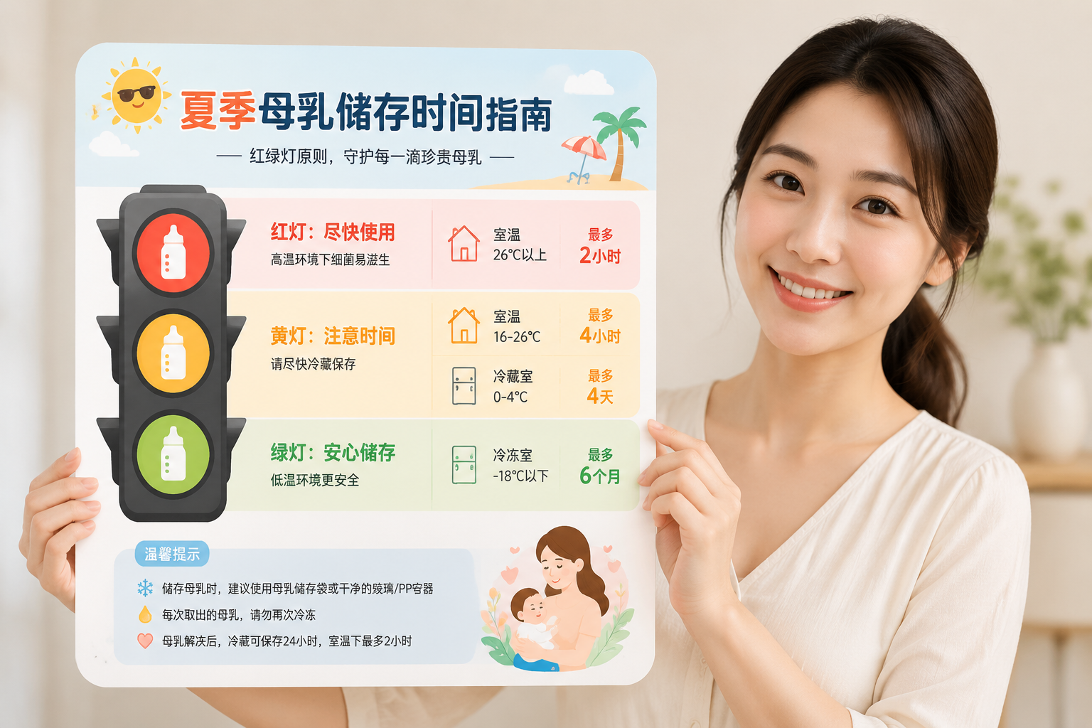 A beautifully designed infographic card showing breast milk storage times for summer, featuring a traffic light concept (Red, Yellow, Green). A gentle Chinese mother holding the card smiling. Clean background, pastel colors, UI/UX design style, 8k, --ar 3:4