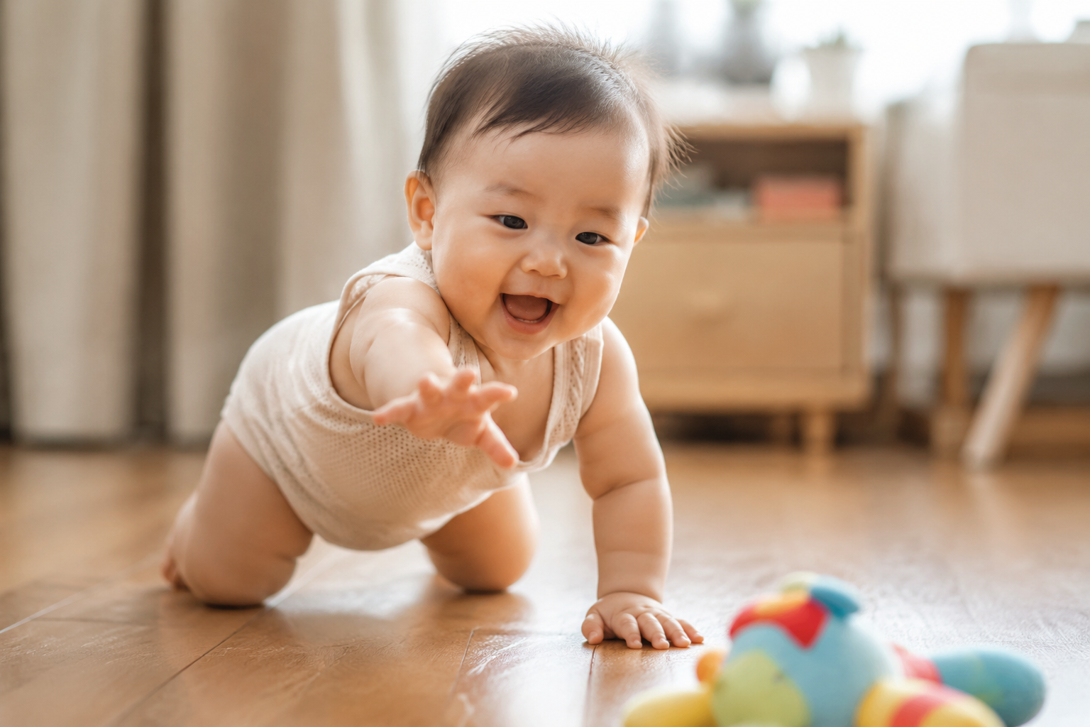A 6-month-old adorable Chinese baby in a breathable thin summer outfit, enthusiastically crawling on a clean wooden floor towards a colorful plush toy. The baby is reaching out with one hand. Warm cozy home environment, soft natural lighting from the side, joyful and determined expression. Shot with an 85mm lens, beautiful depth of field, hyper-realistic, photorealistic --ar 3:4