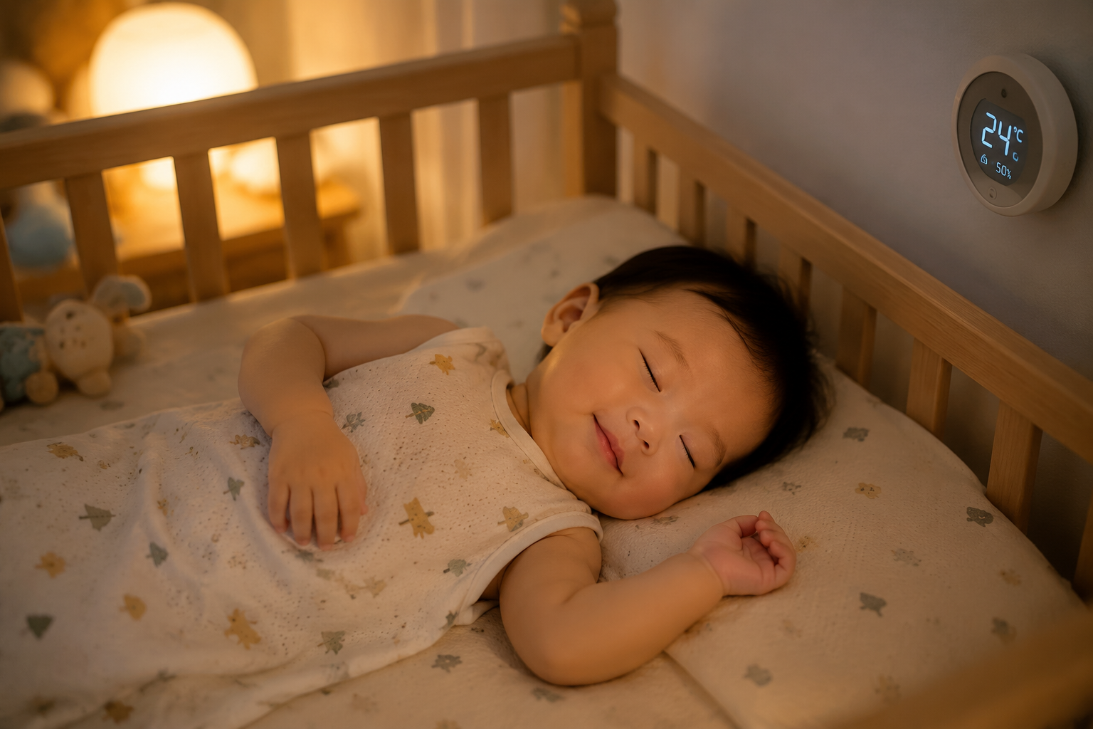 A cute Chinese baby sleeping peacefully in a crib, wearing a thin, breathable sleeveless summer sleeping bag. The room thermometer on the wall shows 24 degrees Celsius. Cozy nursery room, gentle night light, baby has a sweet smile. Photorealistic, soft focus, cinematic lighting, highly detailed, 8k --ar 3:4