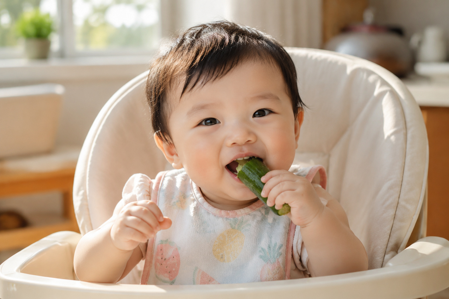 A cute 10-month-old Chinese baby sitting in a high chair, happily holding and chewing a green cucumber stick, bright summer lighting, wearing a cute light summer bib, soft background with a bright sunny window, high resolution, 8k, photorealistic, cinematic lighting --ar 3:4