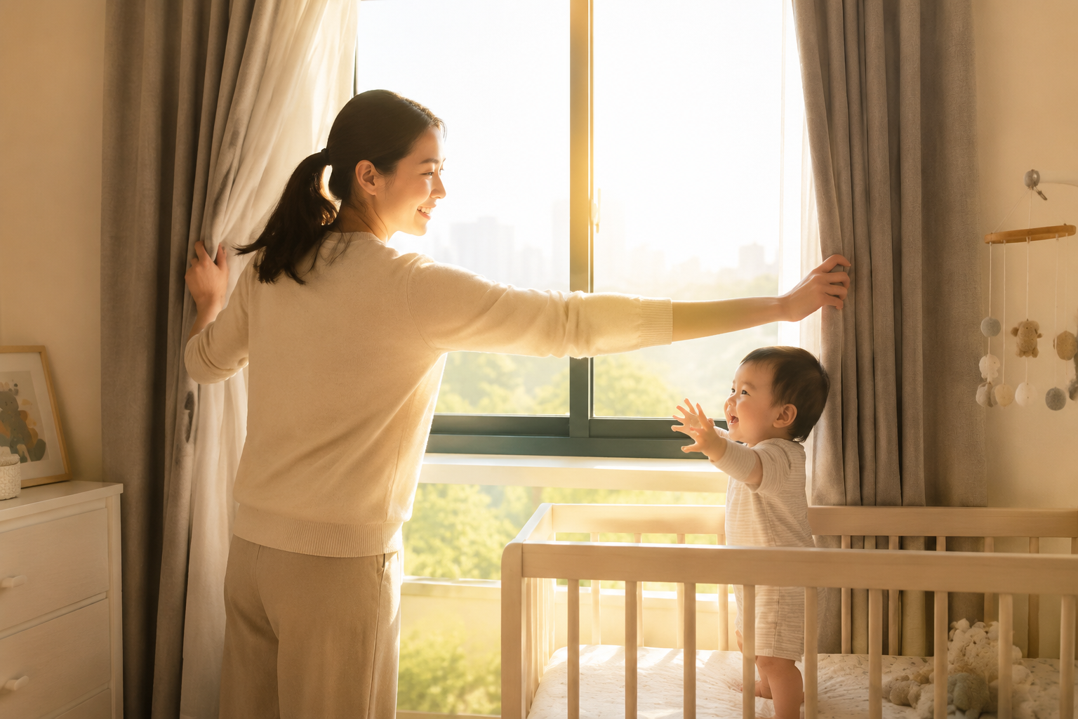 A beautiful Chinese mother smiling and opening thick blackout curtains in a modern baby room. Bright, warm morning sunlight floods into the room. A happy 1-year-old Chinese baby is standing in the crib, smiling and reaching out to the mother. Warm and healing atmosphere, soft natural lighting, high quality, lifestyle photography, 8k.