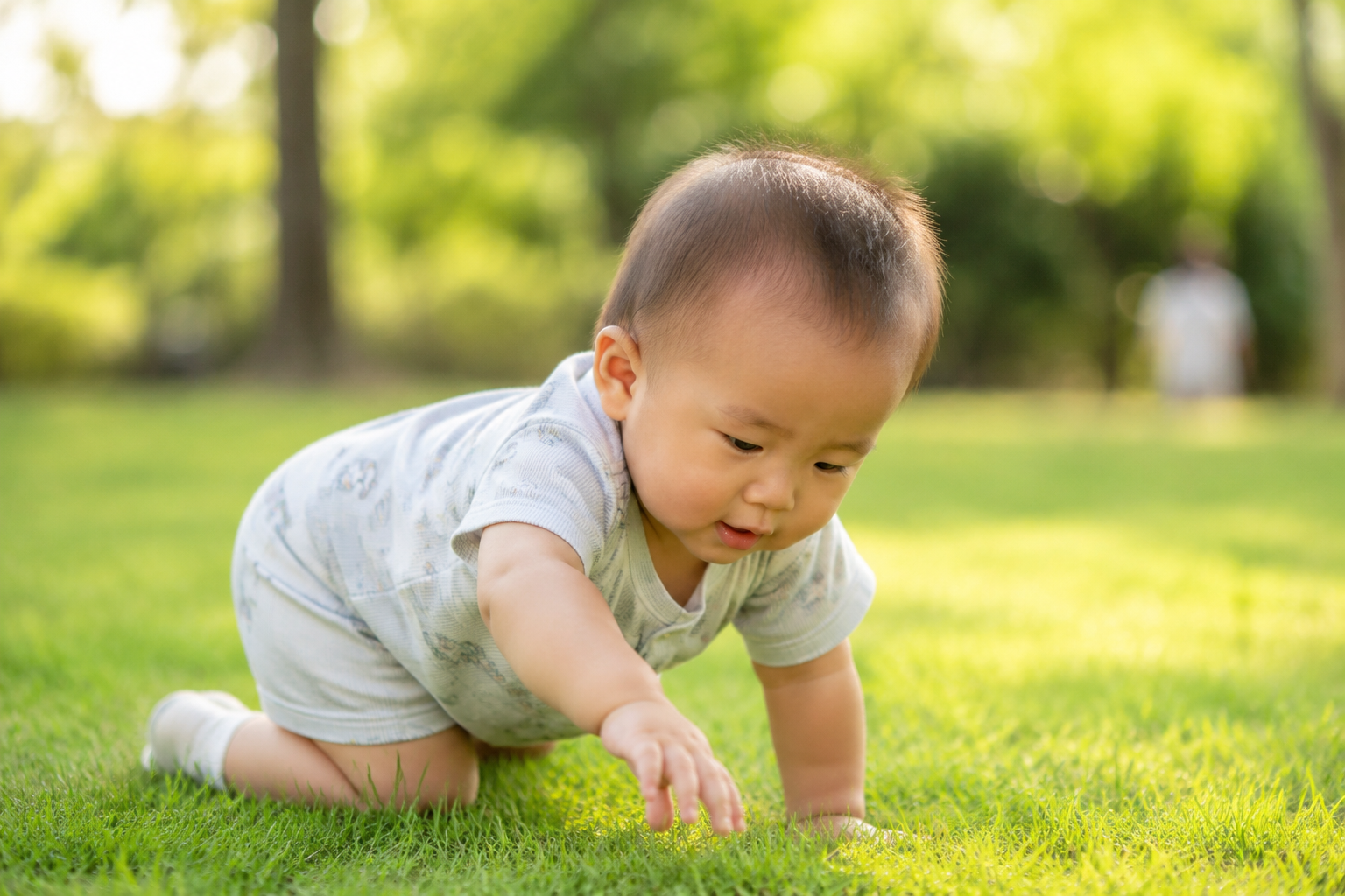 A cute 9-month-old Chinese baby crawling on a sunlit green grassy park, wearing light summer clothes, reaching out to touch the grass with curiosity, soft natural lighting, bright and warm summer vibe, highly detailed, photorealistic, 8k, shot with an 85mm lens --ar 3:4