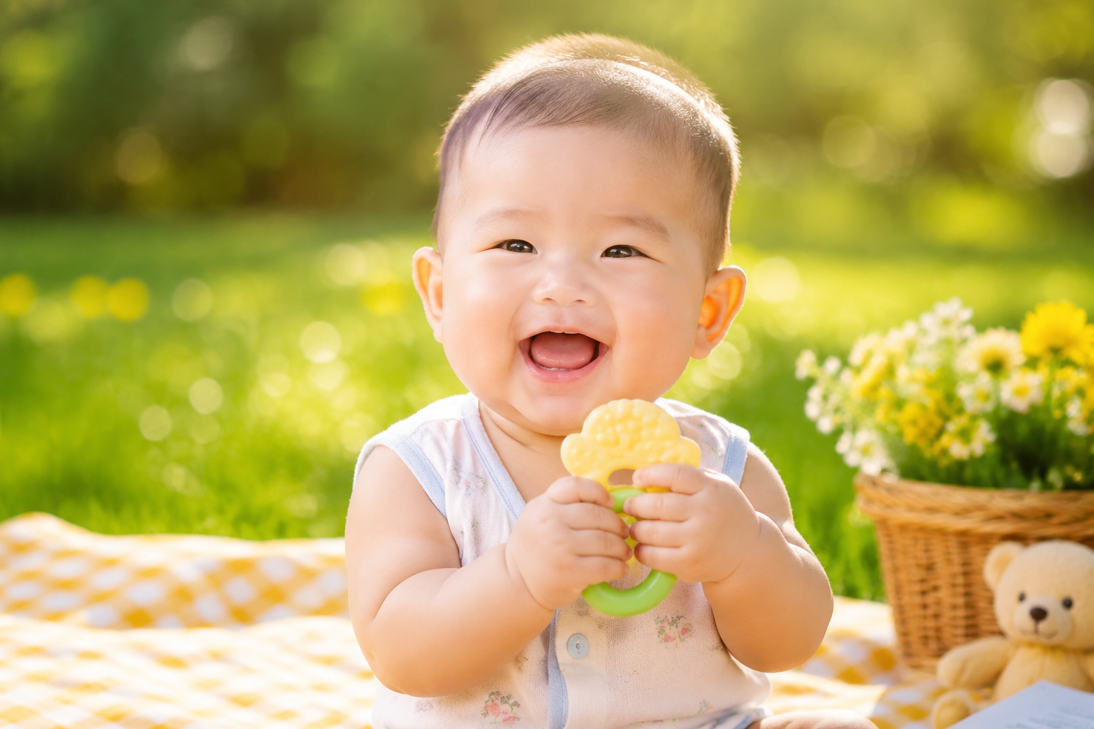 超高清商業(yè)攝影，一個健康活潑的中國嬰兒（約半歲），穿著清爽的夏季嬰兒服，坐在充滿夏日氣息的戶外野餐墊上開心大笑，手里拿著一個安全的咬膠玩具。背景是虛化的綠色草地和明媚的陽光，色調(diào)明快溫馨，體現(xiàn)寶寶腸道健康、免受腹瀉困擾的活力狀態(tài)。特寫鏡頭，側(cè)逆光照明，肌膚紋理細膩，8k分辨率，超高畫質(zhì)。