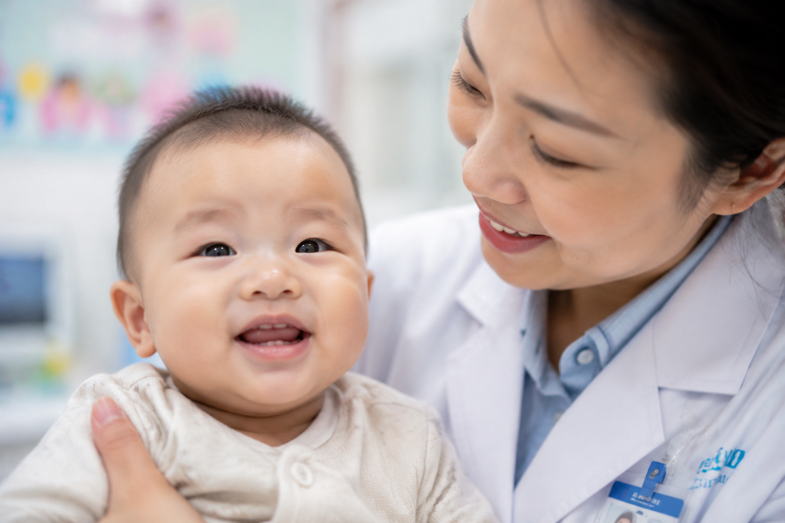 Close-up macro photography of a cute 5-month-old Chinese baby smiling gently, showing swollen lower gums, being held by a female Chinese pediatrician in a professional white coat. The doctor is smiling with an assuring expression. Bright, clinical yet warm lighting, professional healthcare vibe, highly detailed, photorealistic, pastel color palette. --ar 3:4