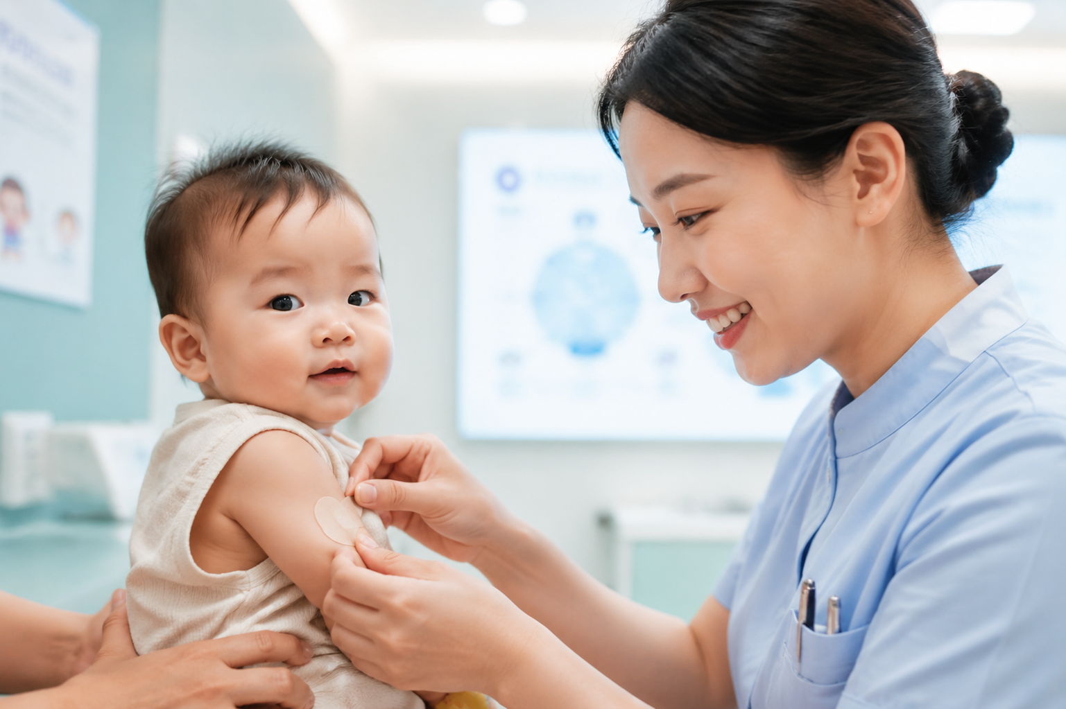 A heartwarming photo of a brave 10-month-old Chinese baby in a modern, brightly lit clinic setting. A gentle nurse in uniform is smiling while carefully applying a small round band-aid on the baby's arm. The baby looks calm and curious. High quality, soft pastel colors, clinical but welcoming environment, photorealistic, highly detailed face, DSLR photography. --ar 3:4