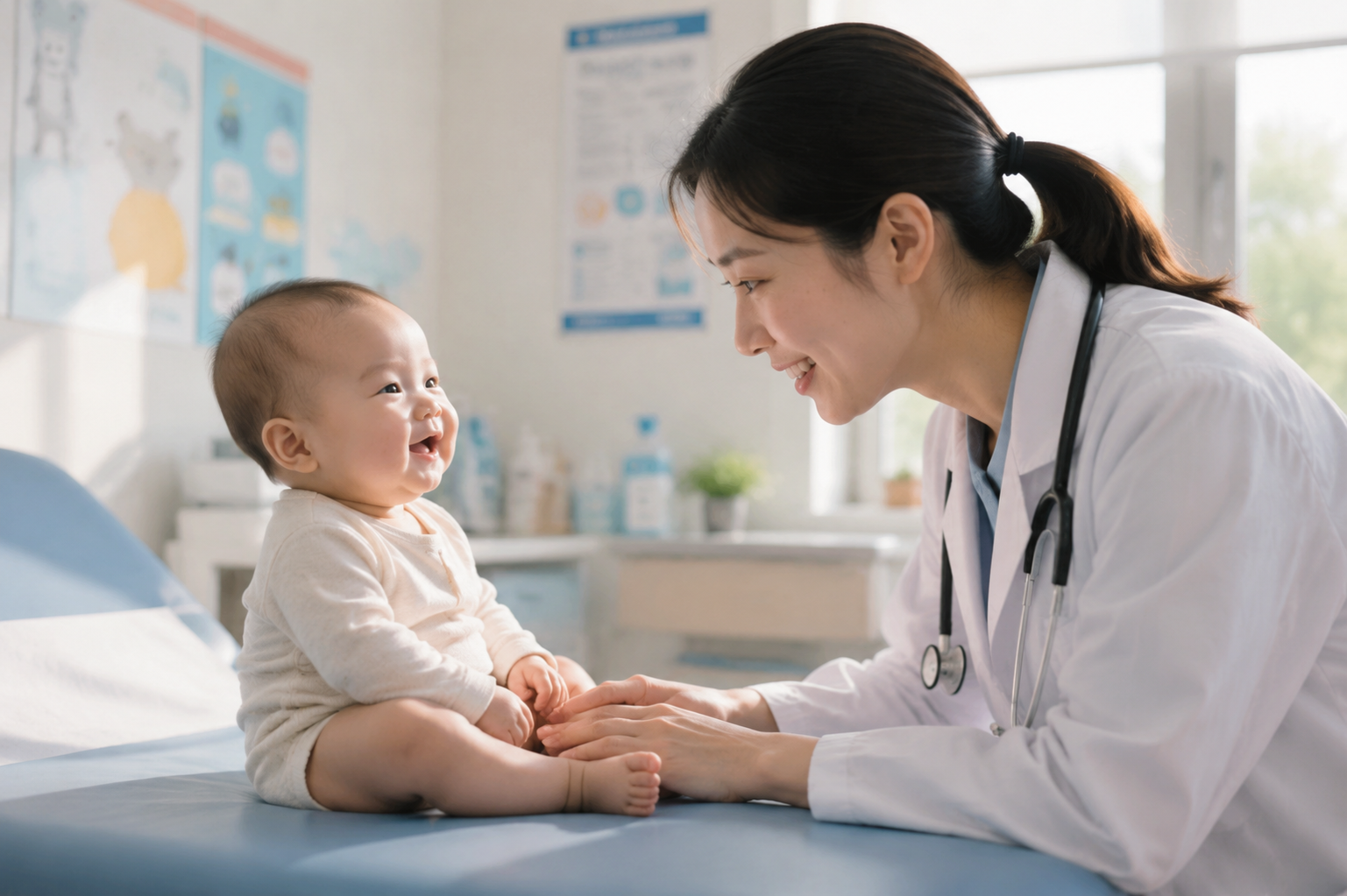 A cute 6-month-old Chinese baby smiling bravely in a bright, modern pediatric clinic, a gentle Chinese female doctor in a white coat is smiling and interacting with the baby, pastel colors, soft natural sunlight entering from the window, hyper-realistic, 8k resolution, uplifting and safe mood --ar 3:4 --v 6.0
