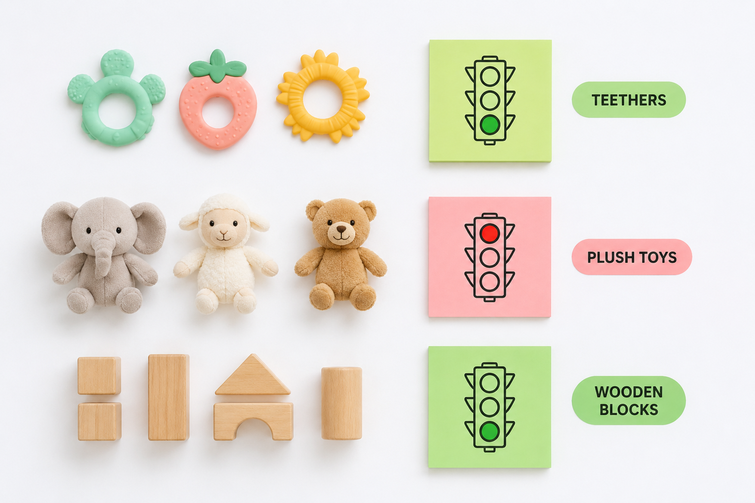 Flat lay photography of various baby toys neatly categorized on a clean white table: a silicone teether, a plush toy, and wooden blocks. Next to them are visually striking sticky notes with vibrant Red and Green traffic light icons drawn on them. Minimalist aesthetic, bright studio lighting, soft pastel colors, medical safety and maternal care concept, top-down view, 8k resolution.