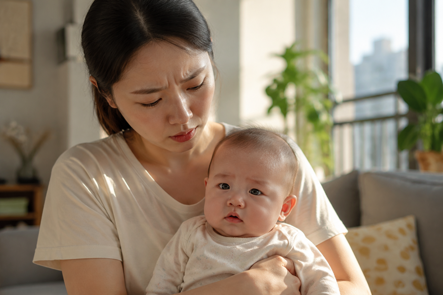 A young Chinese mother looking slightly worried, holding a cute Chinese baby (6 months old) who is visibly sweating lightly on the forehead. The background is a cozy, modern Chinese apartment living room with bright warm summer sunlight streaming through the window. Cinematic lighting, soft shadows, highly detailed, photorealistic, 8k, shot with an 85mm lens. --ar 3:4
