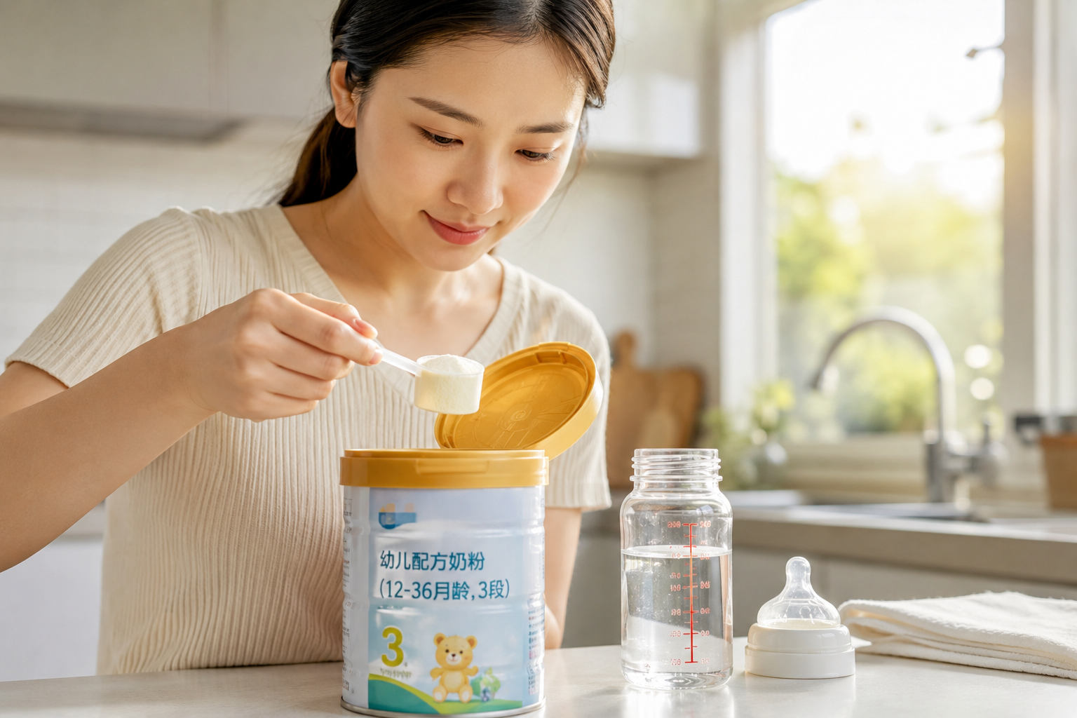 A close-up shot of a caring Chinese mother carefully measuring baby formula powder with a standard scoop in a bright, clean modern kitchen. Warm summer sunlight shining through the window, a clear glass baby bottle on the counter showing the exact water level, photorealistic, commercial child-care photography, 8k, highly detailed.
