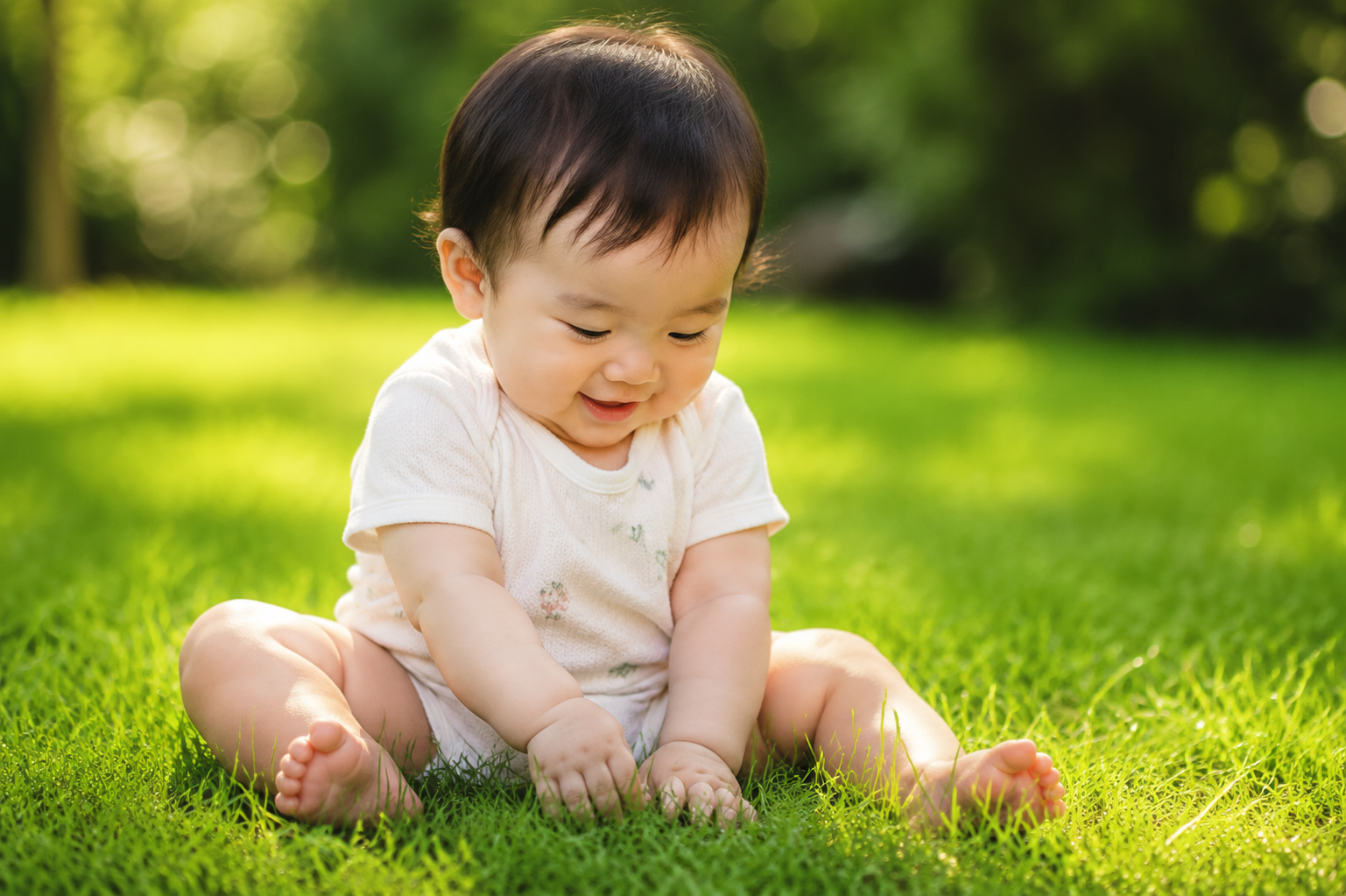 A cute 8-month-old Chinese baby sitting barefoot on a vibrant green lawn in summer, wearing a light cotton summer bodysuit, smiling happily and touching the grass curiously with small chubby hands. Soft sunlight, cinematic lighting, high resolution, photorealistic, 8k, shot with an 85mm lens, shallow depth of field, cheerful and warm atmosphere. --ar 3:4