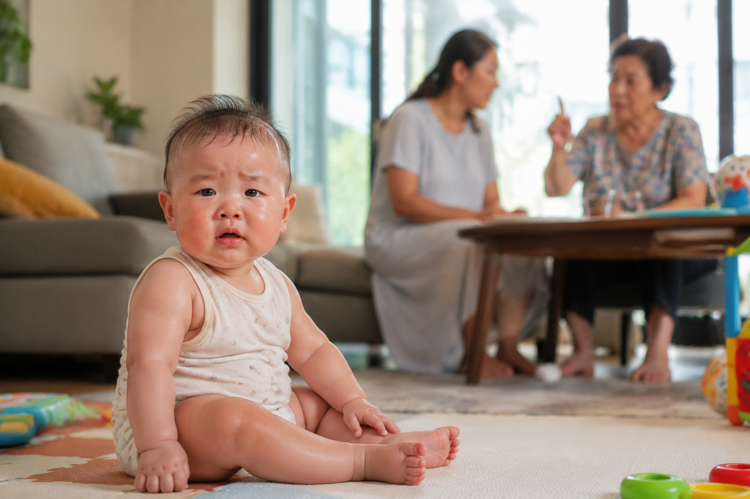 A cute 6-month-old Chinese baby sitting on a soft play mat in a modern living room, looking sweaty and slightly uncomfortable with flushed cheeks, wearing a light summer onesie. In the blurred background, a young Chinese mother and a grandmother are having a mild discussion. Bright summer daylight, warm tones, photorealistic, 8k resolution, shot on 35mm lens, highly detailed.