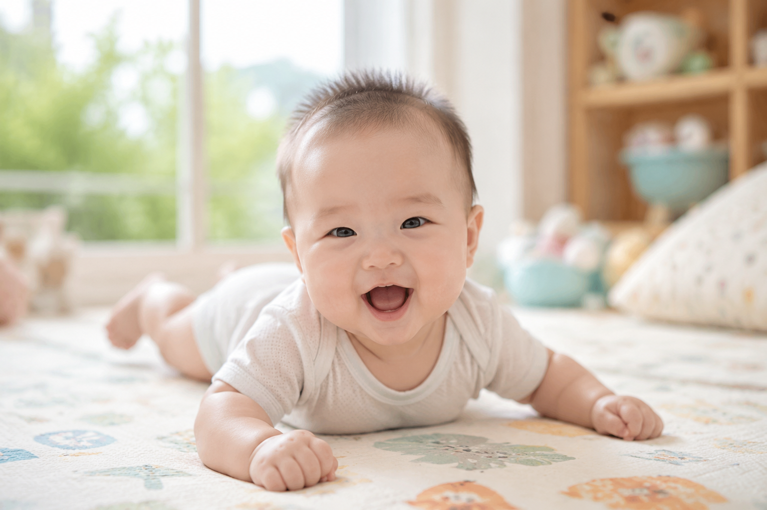 A cute 3-month-old Chinese baby wearing a thin, light-colored short-sleeve cotton bodysuit, happily doing tummy time on a soft, aesthetic play mat. Sunlight streaming through a large window, bright and warm early summer vibe, bright pastel colors. High quality, realistic photography, soft lighting, sharp focus, 8k resolution, shot with Sony A7R IV --ar 3:4