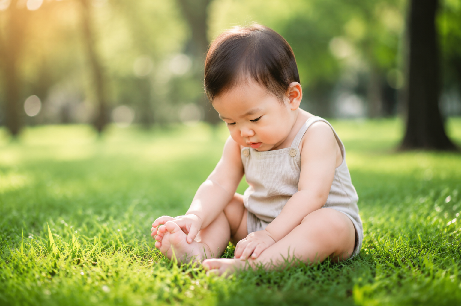 A cute 10-month-old Chinese baby barefoot sitting on soft green grass in a sunlit park, early summer morning, warm backlighting, baby looking curiously at their bare toes touching the grass blades, highly detailed, photorealistic, cinematic lighting, shot on 85mm lens, photography, depth of field, 8k resolution --ar 3:4