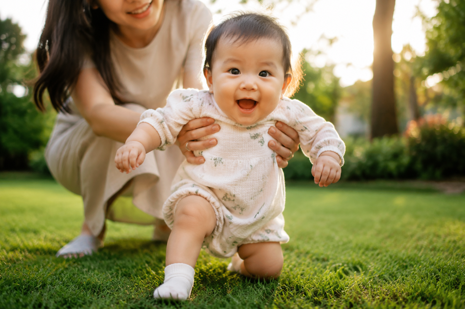 A close up shot of a cute 11-month-old Chinese baby stepping with cute little feet wearing thin white socks on soft lush green grass. The baby is gently supported by a young Chinese mother's blurry hands holding the underarms. Expressive baby face showing a adorable mix of surprise and joy. Early summer evening soft sunlight, rim light, hyper-realistic, magazine cover photography, soft natural color palette, eye level shot, bokeh background, 8k, --ar 3:4
