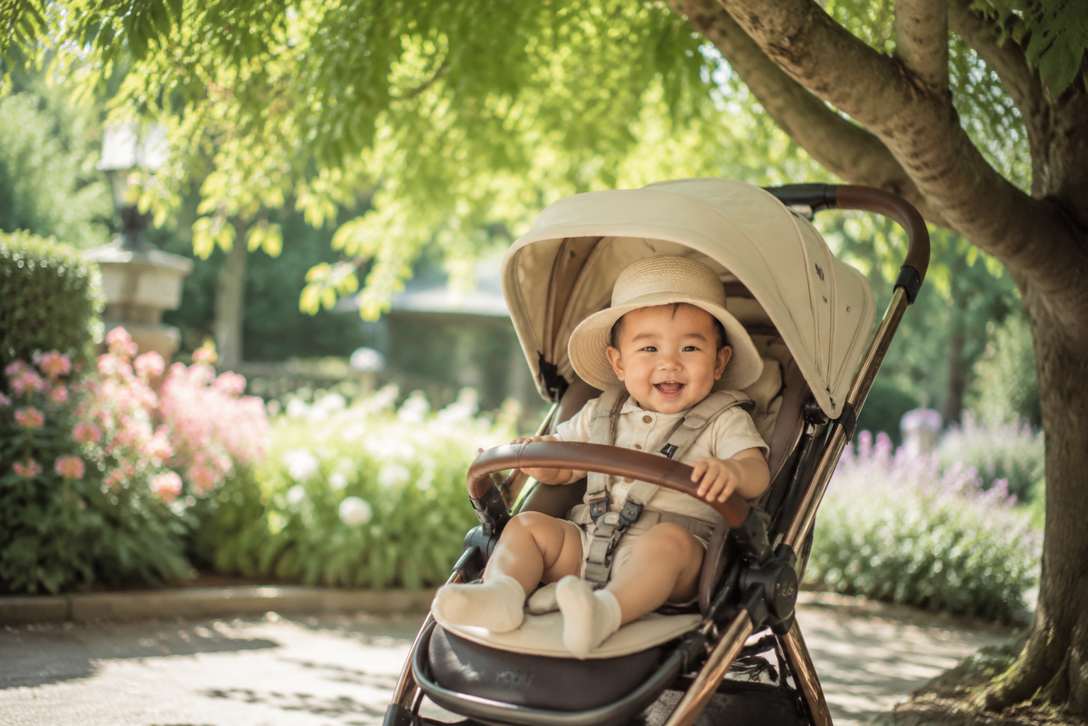 A cute 8-month-old Chinese baby sitting in a premium stroller under the gentle shade of a large tree in a beautiful garden. The baby is wearing a cute wide-brimmed sun hat, smiling happily. Soft dappled sunlight shining through the leaves, bright and airy tone, ultra-detailed, commercial photography style, Midjourney v6. --ar 3:4