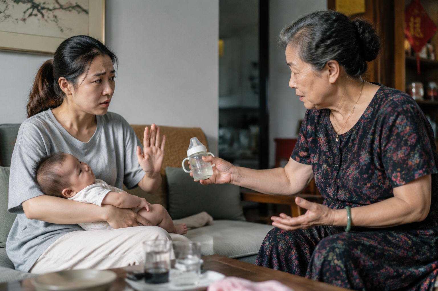 A photorealistic image of a typical Chinese living room in summer. An elder Chinese grandmother is anxiously holding a small baby water bottle, offering water to a 3-month-old Chinese baby. The young Chinese mother is sitting nearby, looking stressed and gently raising her hand to stop the grandmother. Soft natural indoor lighting, cinematic composition, high resolution, 8k, emotional storytelling.
