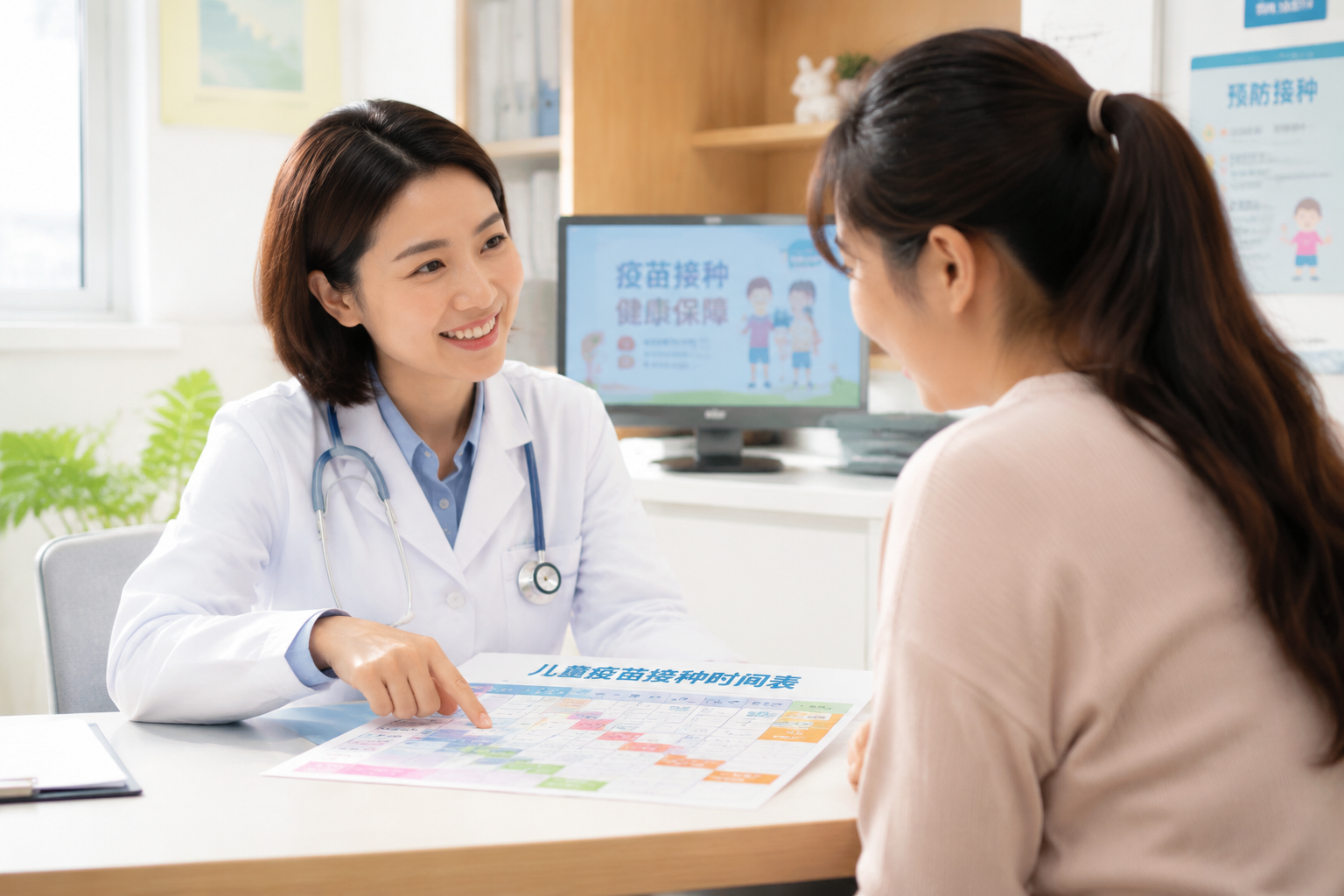 A warm and professional photo of a smiling Chinese female pediatrician explaining a vaccination schedule to a young Chinese mother. The doctor is pointing at a colorful medical chart on the desk. Bright natural light, clean medical clinic setting, reassuring atmosphere. Photography, highly detailed, 8k, photorealistic.