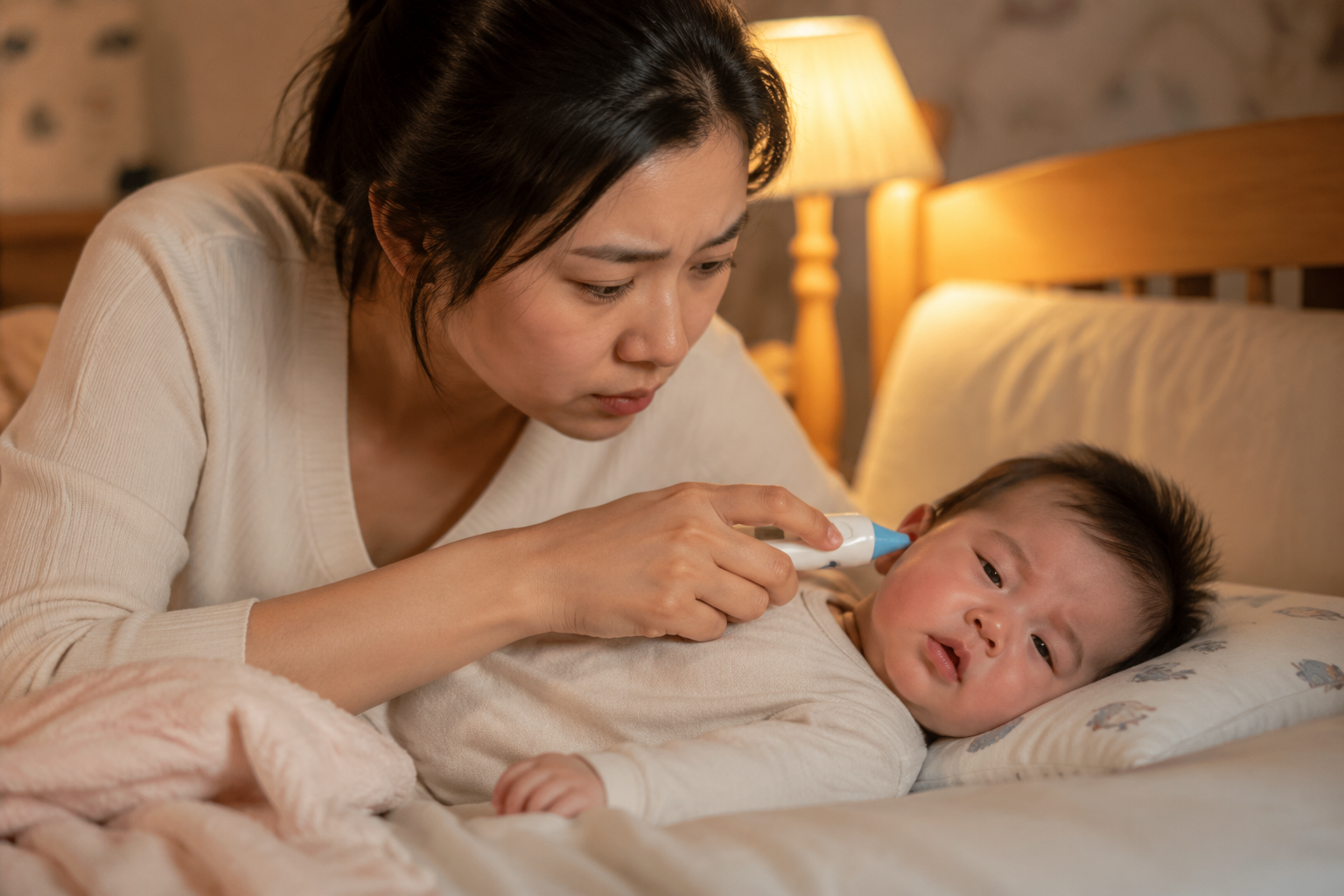 A hyper-realistic medium shot of a young Chinese mother looking deeply concerned while checking her 7-month-old baby's temperature with an ear thermometer. The baby is lying on a cozy bed, looking slightly flushed and distressed. Warm indoor bedroom lighting, soft shadows, highly detailed, 8k resolution, cinematic lighting, shot on 85mm lens.