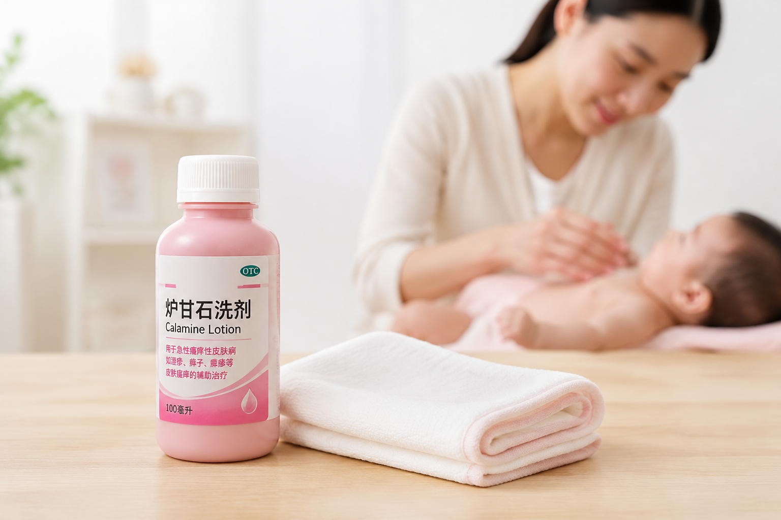 A clean, minimalistic still-life style photo featuring a bottle of pink calamine lotion next to a folded soft cotton baby washcloth on a light wood table. In the softly blurred background, a gentle Chinese mother's hands are visible, preparing to care for her baby. Bright, clinical yet warm lighting, emphasizing safety, science, and medical reliability, highly detailed, 8k, soft color palette. --ar 3:4