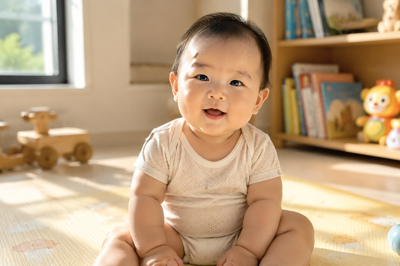A cute 6-month-old chubby Asian baby sitting on a soft light-yellow play mat, wearing a breathable summer cotton onesie, slight sweat on the forehead, bright natural sunlight coming through a window, soft pastel colors, Xiaohongshu aesthetic, photorealistic, 8k resolution, glowing skin, cozy and warm atmosphere --ar 3:4 --v 6.0