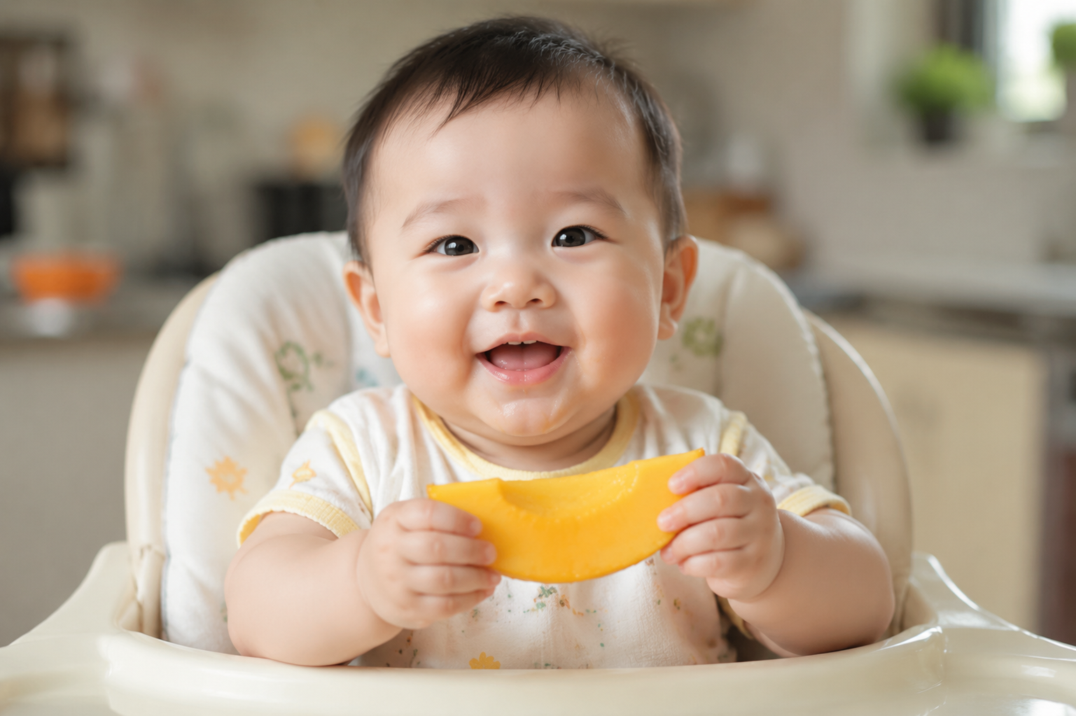 A cute 8-month-old Chinese baby sitting in a high chair, happily holding a slice of ripe yellow mango, fruit juices slightly on the chin, bright and sunny early summer lighting, soft background of a modern cozy kitchen, ultra-realistic, highly detailed, photorealistic, 8k resolution, shot with 85mm lens --ar 3:4