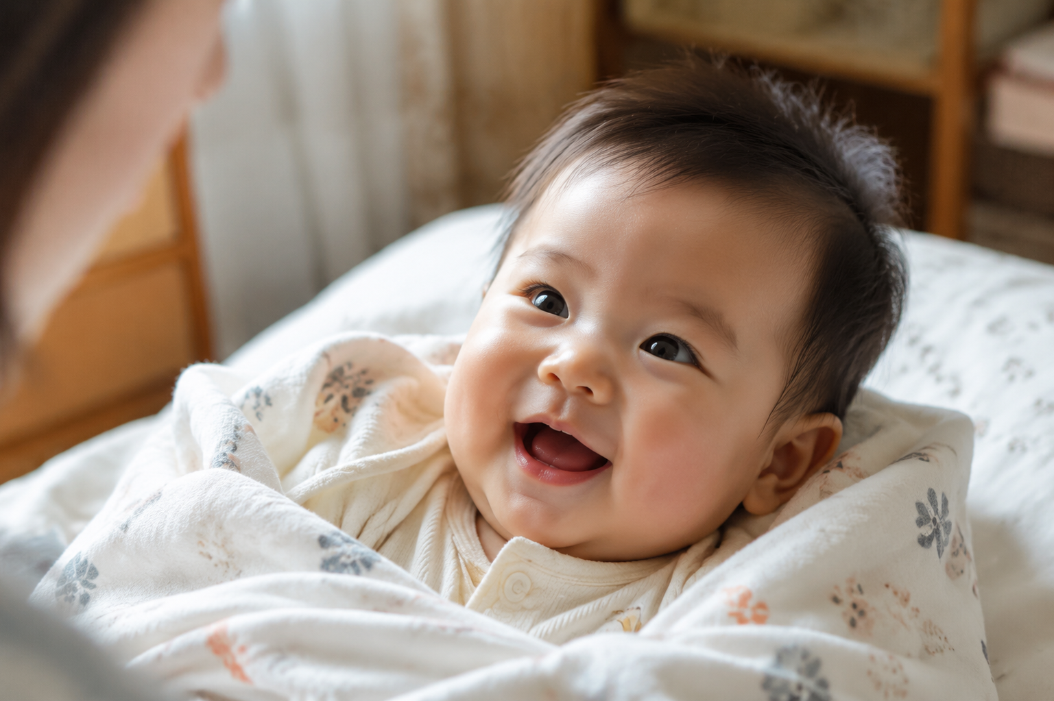 A close-up shot of a cute 6-month-old Chinese baby smiling brightly, looking up at their mother off-camera. The baby is wrapped in a soft, light-colored summer quilt. Cozy domestic environment, soft diffused sunlight, highly detailed facial expression, happy atmosphere, ultra-realistic.