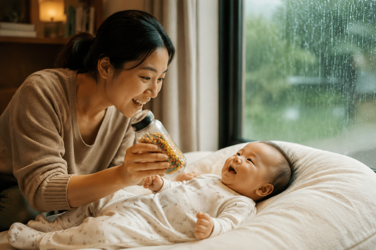 A warm cinematic shot of a young Chinese mother sitting by a large window on a rainy day, playing with a 4-month-old cute Chinese baby. The mother is happily shaking a clear plastic bottle filled with colorful beans. Soft diffused window light, raindrops on the window glass, cozy warm indoor lighting, ultra-realistic, 8k resolution, highly detailed, photorealistic, shot on 35mm lens --ar 3:4