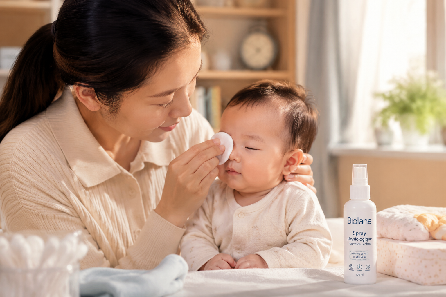 A gentle Chinese mother carefully wiping a cute Chinese baby's eyes and face using a soft cotton pad. The mother has a tender, loving expression, and the baby is calm. A bottle of physiological saline spray is visible on the table. Cozy indoor nursery setting, warm natural sunlight coming from the window, hyper-detailed, photorealistic, commercial baby care photography, 8k. --ar 3:4