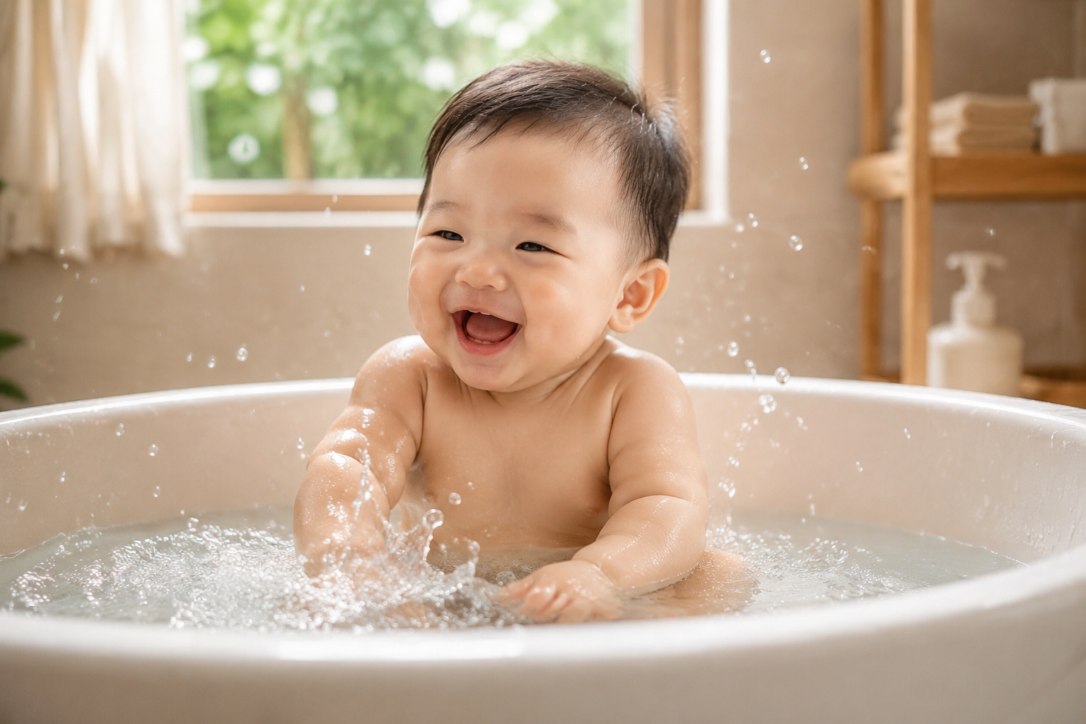 A cute Chinese baby (6-8 months old) happily playing with water in a warm, cozy bathroom, summer vibe, soft natural light streaming through a window, tiny water droplets splashing. High quality, realistic photography, soft focus, bright and clean tones, Midjourney style, 8k resolution, photorealistic.