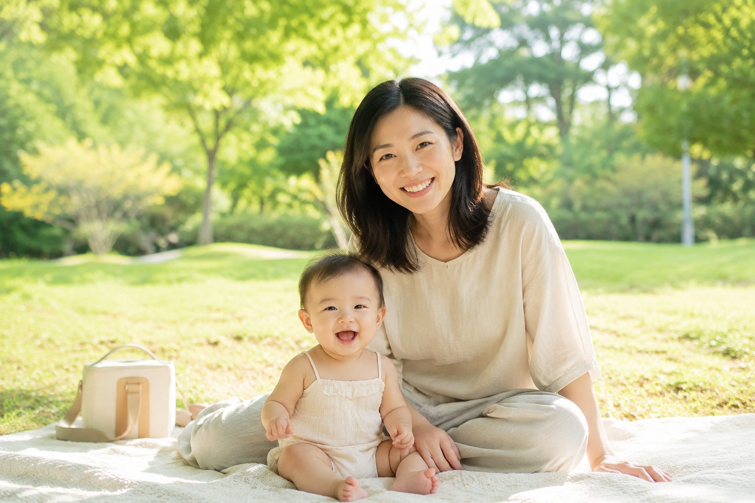 A photorealistic image of a young, beautiful Chinese mother and her 8-month-old Chinese baby sitting on a high-quality textured picnic blanket in a sunny park during early summer. The mother has a very small, lightweight diaper bag next to her, no heavy plastic toys around. They are smiling and enjoying the natural environment, surrounded by green grass and trees. Soft natural sunlight, bright and airy color palette, shot on 35mm lens, 8k resolution, ultra-detailed. --ar 3:4