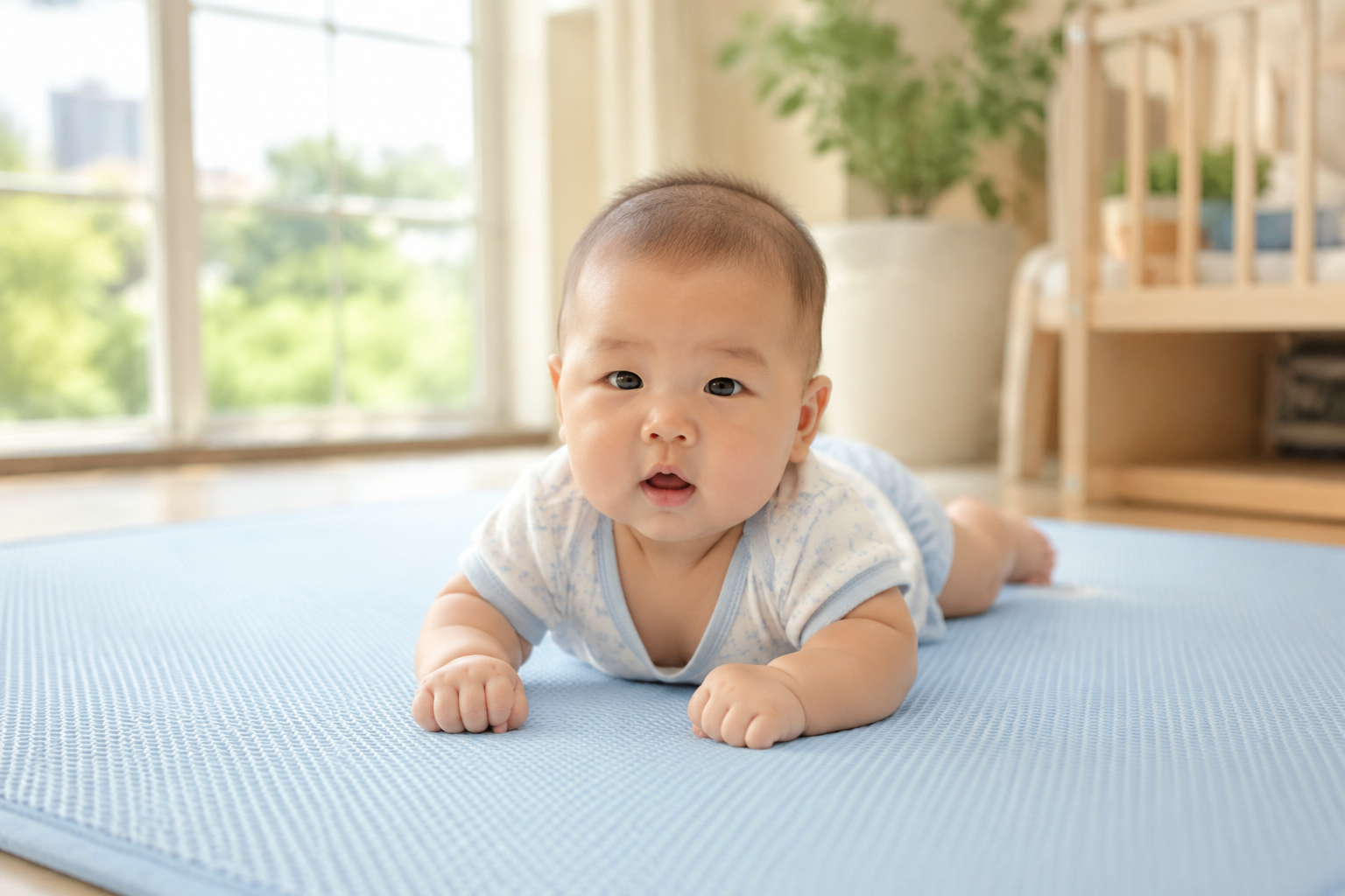 A cute 2-month-old Chinese baby doing tummy time on a light blue breathable cooling mat, early summer sunlight coming from the window, soft natural lighting, realistic photography, highly detailed, 8k resolution, shot on 35mm lens, gentle and refreshing atmosphere.
