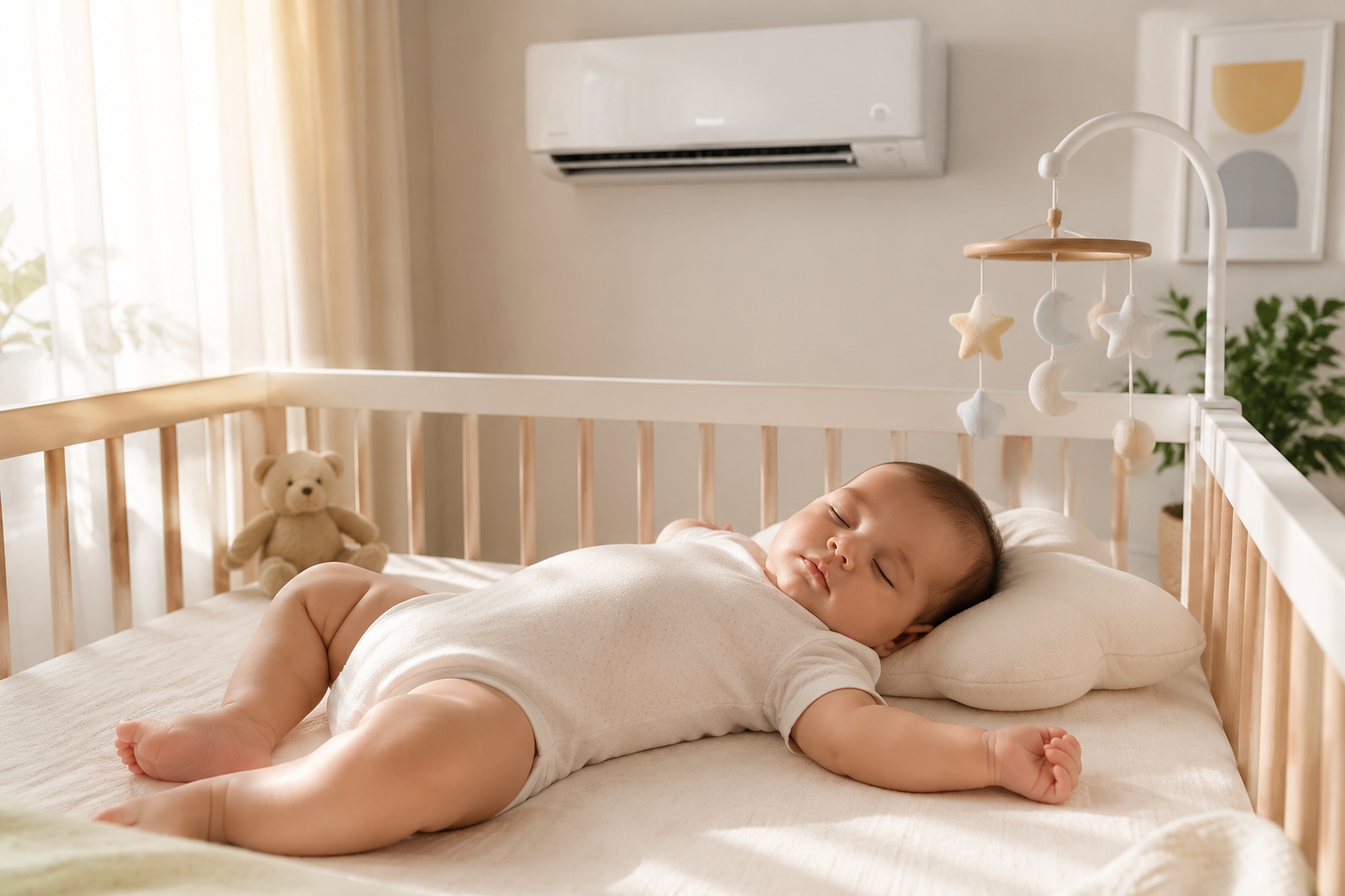 A cute 6-month-old baby sleeping peacefully in a cozy modern crib, wearing a lightweight breathable cotton bodysuit, soft warm sunlight filtering through sheer curtains, a sleek modern air conditioner on the wall in the background, bright and airy pastel tones, high quality, photorealistic, 8k resolution, soft lighting --ar 3:4