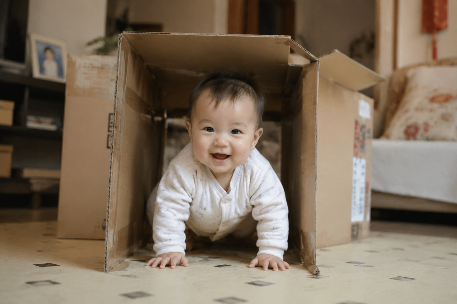 A cute 8-month-old Chinese baby crawling through a ** tunnel made of delivery cardboard boxes, smiling and energetic. Warm and cozy real-life family living room background, natural soft indoor lighting. Shot on 35mm lens, photorealistic, ultra-detailed, 8k resolution.