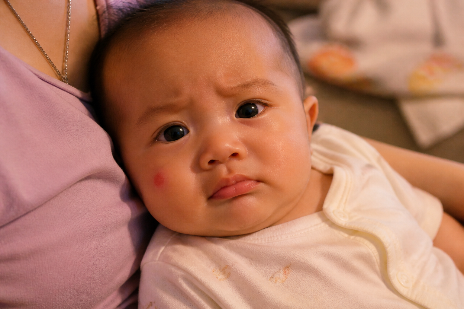 A hyper-realistic photography of a cute 6-month-old baby looking slightly unhappy, with a visible red mosquito bite on their chubby cheek. Soft warm indoor lighting, high resolution, 8k, shot on 35mm lens, natural skin texture, emotional maternal perspective.