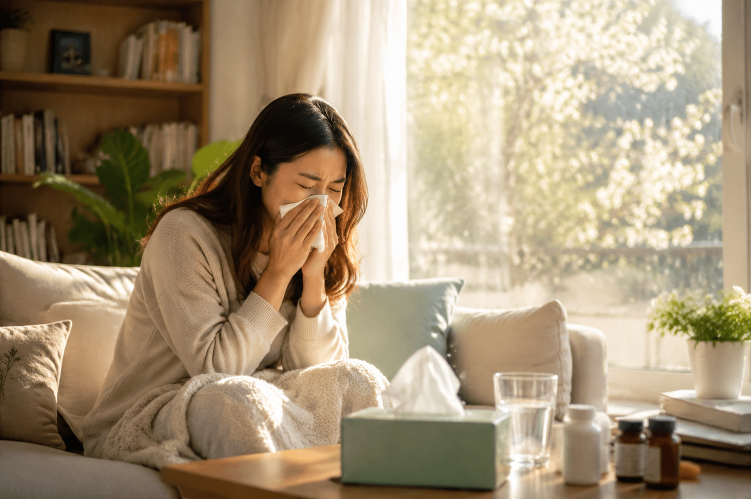 A realistic photograph of a young Chinese mother looking tired, sneezing and holding a tissue to her nose, sitting in a cozy brightly lit living room. Spring sunlight coming through the window, subtle floating pollen particles outside. High quality, soft lighting, emotional photography, 8k resolution, cinematic composition --ar 3:4
