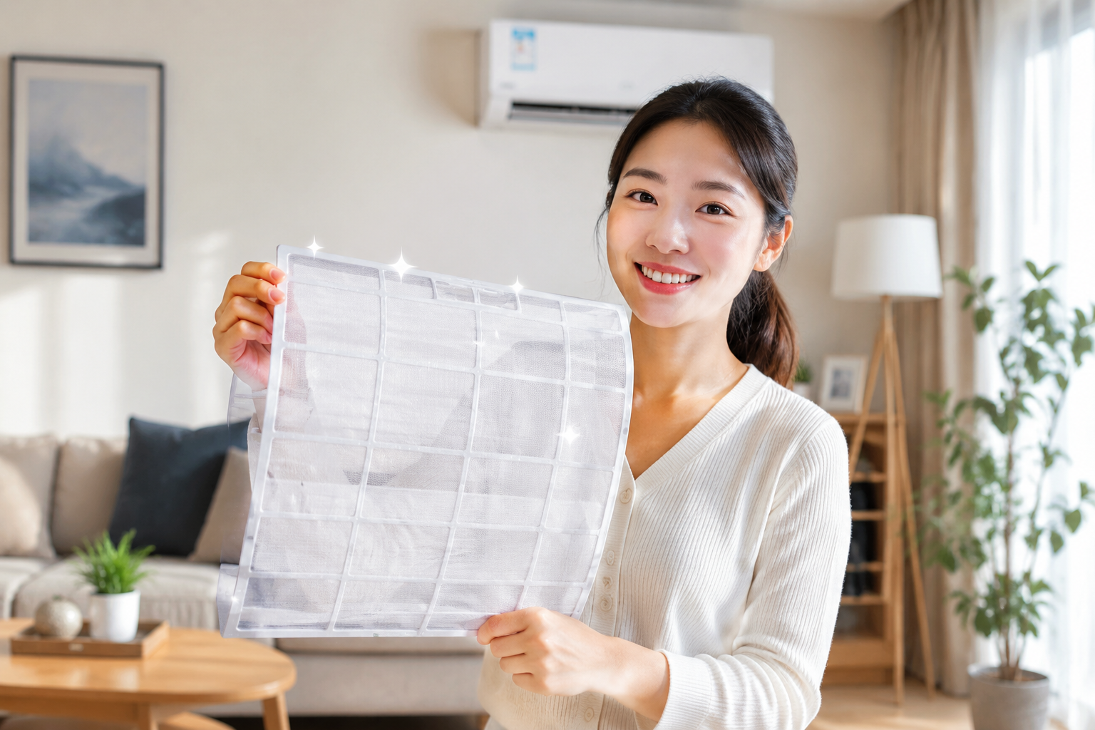 A young Chinese mother holding a freshly cleaned, sparkling white air conditioner filter with a satisfied smile. The background is a cozy, modern living room. Soft natural light, high-end commercial photography style, clear focus on the mother's face and the clean filter, emphasizing a healthy home environment, high detail, 8k --ar 3:4