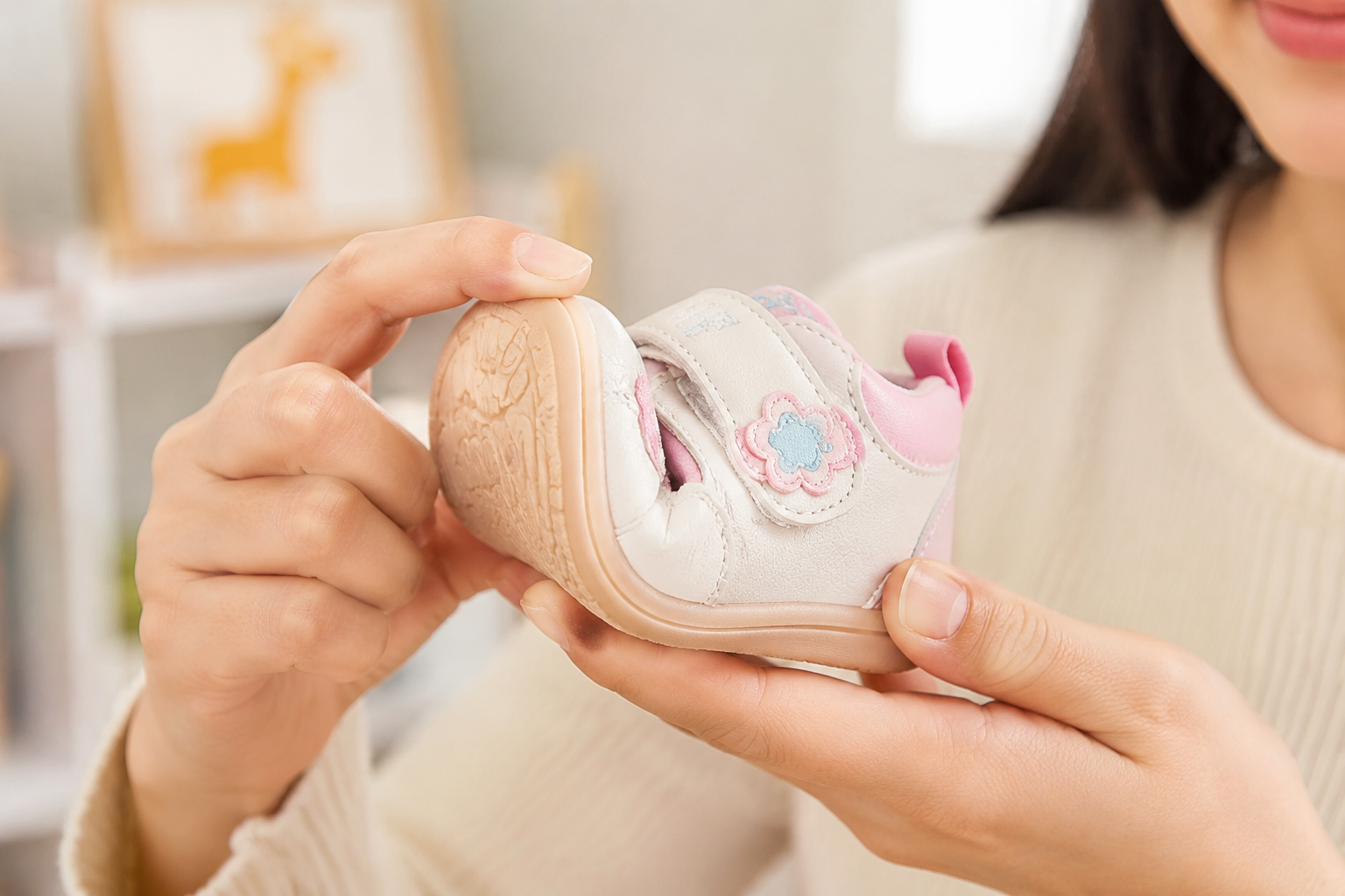 Close-up shot of a young Chinese mother's hands holding a cute baby toddler shoe, demonstrating bending the front one-third of the sole. Bright indoor lighting, educational style, high detail, macro photography, soft background blur, 8k, photorealistic --ar 3:4