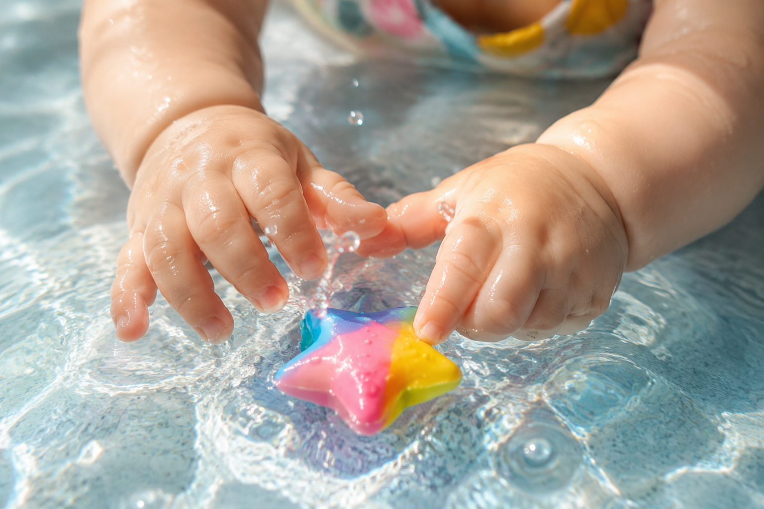 Close-up shot, a 9-month-old Chinese baby's tiny chubby hands trying to pinch and grab a small colorful silicone star toy in shallow clean water, water ripples and splashing drops, sunny day, soft cinematic lighting, highly detailed hands, macro photography style, vivid and bright colors.