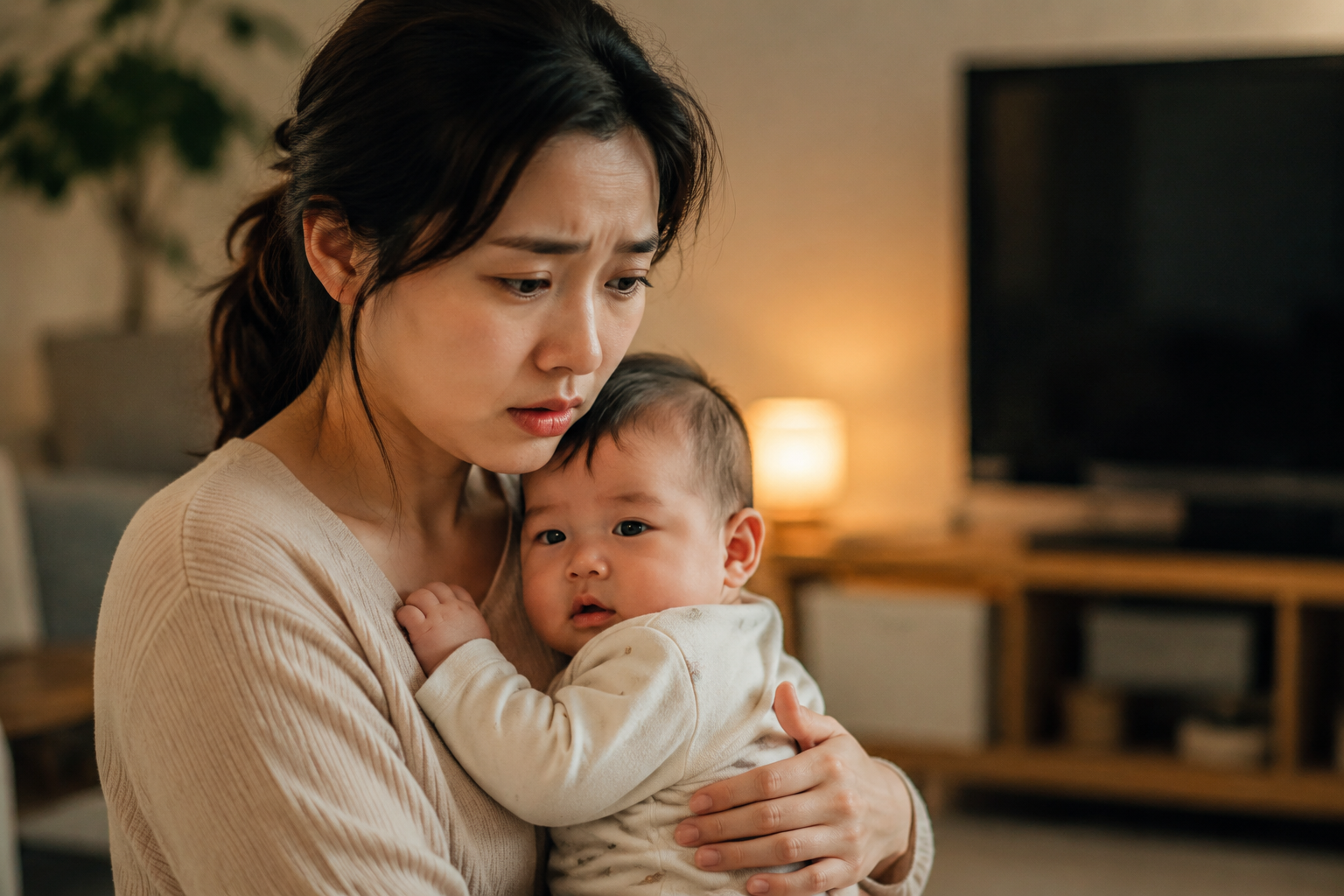 A high-quality photo of an anxious Chinese mother holding her cute 6-month-old baby in a cozy, modern living room, warm soft lighting, cinematic feel, realistic, highly detailed, emotional connection, shot on 85mm lens, shallow depth of field --ar 3:4 --v 6.0