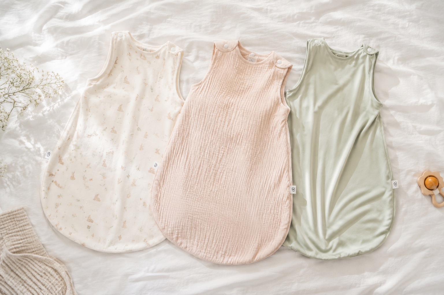 A flat lay product photography of three baby sleep sacks of different textures: a single-layer cotton, a light muslin, and a silky bamboo fiber, beautifully arranged on a soft white bedsheet, natural morning light, pastel colors, clean background, ultra-detailed textures, 8k --ar 3:4